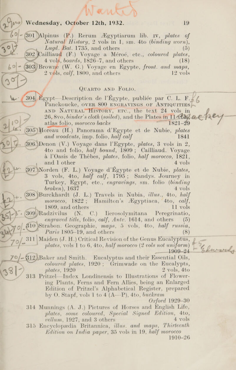 Ar WO Dye) Wednesday, October 12th, 1932. 19  Alpinus (P.) Rerum Adgyptiarum lb. Iv, plates of Natural History, 2 vols in 1, sm. 4to (binding worn), Lugd. Bat. 1735, and others (5) Sailliaud (F.) Voyage a Méroé, etc., coloured plates, . 4 vols, ae 1826-7, and others (18) bol- 303\) Browne (W. G.) Voyage en Kgypte, front. and maps, —— 2 vols, calf, 1800, and others 12 vols r, , é QUARTO AND FOLIO. $+ ee we: 304) Egypt— Description de ’Kgypte, publiée par ‘Cals F. + fs _ Panckoucke, OVER 800 ENGRAVINGS OF ANTIQUITIES AND NaturaL“HIsTory, ETC., the text 24 vols in ~ 'S. 26, 8vo, binder’s cloth (soiled), and the Plates i in I “TL A hey — 19} y 4 atlas Ae morocco backs “1821-99 fa 305) Horeau (H.) Panorama d’Egypte et de Nubie, plates — — and rian imp. folio, half calf 1841 A, O|G. 306 \Denon (V ) Voyage dans l’Egypte, plates, 3 vols in 2, 4to and folio, half bound, 1809; Cailliaud. Voyage a V’Oasis de Thebes, plates, folio, half morocco, 1821, A™ ne 1 other 4 vols . by 807 \Norden (F L.) Voyage d’Egypte et de Nubie, plates, a oe Sy aah Ato, half calf, 1795; Sandys. Journey in Turkey, Egypt, etc., engravings, sm. folio (binding ~.. broken), 1637 4 vols a (308 Burckhardt (J. L.) Travels in Nubia, illus., 4to, half 4a) “morocco, 1822; Hamilton’s Aigyptiaca, 4to, calf, —. 1809, and others 11 vols eps , 309 Radzivilus (N. OC.) lJerosolymitana Peregrinatio, j engraved title, folio, calf, Antv. 1614, and others (5) &gt; o|. 310 )Strabon. Geographie, maps, 5 vols, 4to, half russia, an Paris 1805-19, and others (8) a 4 311 | Maiden ( (J. H.) Critical Revision of the Genus Eucalyptus, p «| (= 0/~ plates, vols 1 to 6, 4to, half morocco (2 vols not uniform)  “ys » P 35190034 mG hrnrerhy pel G12)Baker and Smith. Eucalyptus and their Essential Oils, coloured plates, 1920; Grimwade on the Eucalypts, A 331° plates, 1920 2 vols, 4to Oe 313 Pritzel—Index Londinensis to [lustrations of Flower- ing Plants, Ferns and Fern Allies, being an Enlarged Edition of Pritzel’s Alphabetical Register, prepared by O. Stapf, vols 1 to 4 (A—P), 4to, buckram Oxford 1929-30 314 Munnings (A. J.) Pictures of Horses and English Life, plates, some coloured, Special Signed Edition, Ato, vellum, 1927, and 3 others 4 vols 315 Encyclopedia Britannica, illus. and maps, Thirteenth 1910-26 