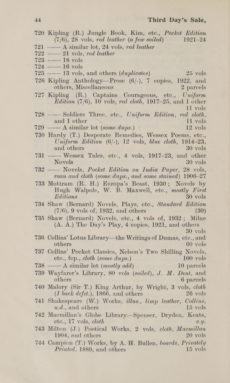 Kipling (R.) Jungle Book, Kim, etc., Pocket Edition (7/6), 28 vols, red leather (a few sorled) 1921-24 —— A similar lot, 24 vols, red leather —— 21 vols, red leather —— 18 vols —— 16 vols —— 18 vols, and others (duplicates) 25 vols Kipling Anthology—Prose (6/-), 7 copies, 1922, and others, Miscellaneous 2 parcels. Kipling (R.) Captains Courageous, etc., Uniform Edition (7/6), 10 vols, red cloth, 1917-25, and 1 other 11 vols —-—- Soldiers Three, etc., Uniform Edition, red cloth, and 1 other 11 vols —— A similar lot (some dups.) © 12 vols Hardy (T.) Desperate Remedies, Wessex Poems, etc., Uniform Edition (6/-), 12 vols, blue cloth, 1914-23, and others 30 vols Wessex Tales, etc., 4 vols, 1917-23, and other Novels 30 vols —- Novels, Pocket Hdition on India Paper, 28 vols, roan and cloth (some dups., and some stained) 1906-27   Mottram (R. H.) Europa’s Beast, 1930; Novels by Hugh Walpole, W. B. Maxwell, etc., mostly First Editions 30 vols Shaw (Bernard) Novels, Plays, etc., Standard Edition (7/6), 9 vols of, 1932, and others (30) Shaw (Bernard) Novels, etc., 4 vols of, 1932; Milne (A. A.) The Day’s Play, 4 copies, 1921, and others 30 vols Collins’ Lotus Library—the Writings of Dumas, etc., and others 60 vols Collins’ Pocket Classics, Nelson’s Two Shilling Novels, etc., fep., cloth (some dups.) 100 vols A similar lot (mostly odd) 10 parcels Wayfarer’s Library, 80 vols (soiled), J. M. Dent, and others 6 parcels Malory (Sir T.) King Arthur, by Wright, 3 vols, cloth (1 back defct.), 1866, and others 26 vols Shakespeare (W.) Works, tllus., limp leather, Collins, n.d., and others 15 vols Macmillan’s Globe Library—Spenser, Dryden, Keats, etc., 17 vols, cloth vy. Milton (J.) Poetical Works, 2 vols, cloth, Macmillan 1904, and others 20 vols Campion (T.) Works, by A. H. Bullen, boards, Privately