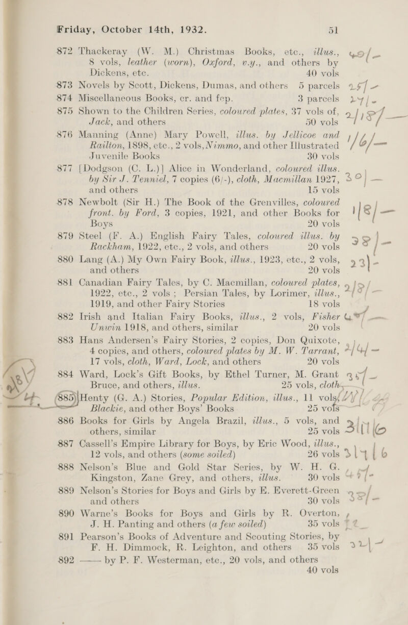  872 Thackeray (W. M.) Christmas Books, etc., ¢llus., 8 vols, leather (worn), Oxford, v.y., and others by 874 Miscellaneous Books, cr. and fep. 3 parcels 876 Manning (Anne) Mary Powell, illus. by Jellicoe and Railion, 1898, etc., 2 vols, Nimmo, and other Llustrated Juvenile Books 30 vols 877 [Dodgson (C. L.)] Alice in Wonderland, coloured illus. by Sir J. Tenniel, 7 copies (6/-), cloth, Macmillan 1927, 878 Newbolt (Sir H.) The Book of the Grenvilles, coloured front. by Ford, 3 copies, 1921, and other Books for Boys 20 vols 879 Steel (Ff. A.) English Fairy Tales, colowred ilius. by Rackham, 1922, etc., 2 vols, and others 20 vols 880 Lang (A.) My Own Fairy Book, zlus., 1923, ete., 2 vols, and others 20 vols 881 Canadian Fairy Tales, by C. Macmillan, coloured plates, 1922, etc., 2 vols; Persian Tales, by Lorimer, ¢llus., 1919, and other Fairy Stories 18 vols 882 Irish and Italian Fairy Books, tllus., 2 vols, Fisher Unwin 1918, and others, similar 20 vols 883 Hans Andersen’s Fairy Stories, 2 copies, Don Quixote, 4 copies, and others, coloured plates by M. W. Tarrant, 17 vols, cloth, Ward, Lock, and others 20 vols 884 Ward, Lock’s Gift Books, by Ethel Turner, M. Grant yo /— 7 | 2/ } e/ — '/b/— 3°) — /8/— 92 /- 23)- 2/9/_ G9 / mm 2]4f- Aj af- 886 Books for Girls by Angela Brazil, illus., 5 vols, and others, similar 25 vols 887 Cassell’s Empire Library for Boys, by Eric Wood, illus., 12 vols, and others (some soiled) 26 vols 888 Nelson’s Blue and Gold Star Series, by W. H. G. Kingston, Zane Grey, and others, illus. ~ 30 vols 889 Nelson’s Stories for Boys and Girls by E. Everett-Green 890 Warne’s Books for Boys and Girls by R. Overton, J. H. Panting and others (a few soiled) 35 vols 891 Pearson’s Books of Adventure and Scouting Stories, by F. H. Dimmock, R. Leighton, and others 35 vols 892 ——— by P. F. Westerman, etc., 20 vols, and others 40 vols Zio