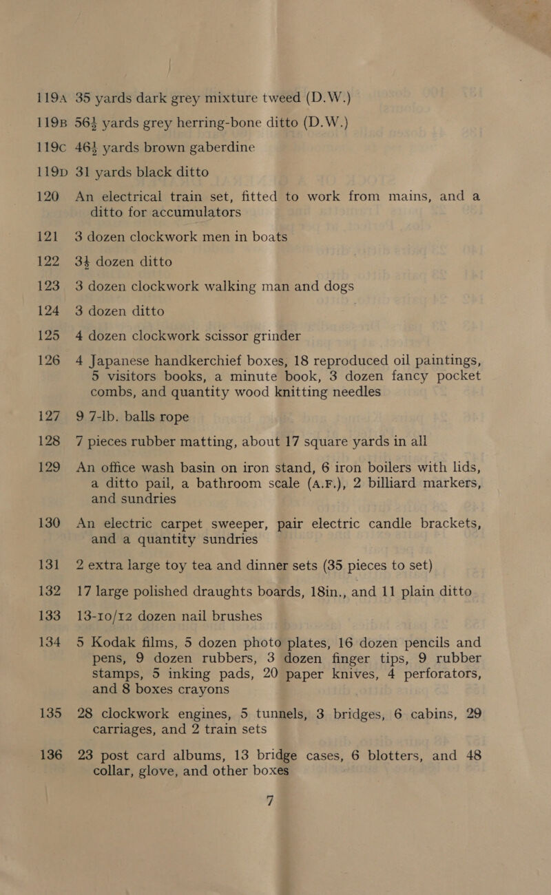 1194 1198 119c 119D 120 121 122 123 124 125 126 127 128 129 130 131 132 133 134 135 136 35 yards dark grey mixture tweed (D.W.) 562 yards grey herring-bone ditto (D.W.) 464 yards brown gaberdine 31 yards black ditto An electrical train set, fitted to work from mains, and a ditto for accumulators 3 dozen clockwork men in boats 34 dozen ditto 3 dozen clockwork walking man and dogs 3 dozen ditto 4 dozen clockwork scissor grinder 4 Japanese handkerchief boxes, 18 reproduced oil paintings, 5 visitors books, a minute book, 3 dozen fancy pocket combs, and quantity wood knitting needles 9 7-lb. balls rope 7 pieces rubber matting, about 17 square yards in all An office wash basin on iron stand, 6 iron boilers with lids, a ditto pail, a bathroom scale (a.F.), 2 billiard markers, and sundries An electric carpet sweeper, pair electric candle brackets, and a quantity sundries 2 extra large toy tea and dinner sets (35 pieces to set) 17 large polished draughts boards, 18in., and 11 plain ditto 13-10/12 dozen nail brushes 5 Kodak films, 5 dozen photo plates, 16 dozen pencils and pens, 9 dozen rubbers, 3 dozen finger tips, 9 rubber stamps, 5 inking pads, 20 paper knives, 4 perforators, and 8 boxes crayons 28 clockwork engines, 5 tunnels, 3 bridges, 6 cabins, 29 carriages, and 2 train sets 23 post card albums, 13 bridge cases, 6 blotters, and 48 collar, glove, and other boxes