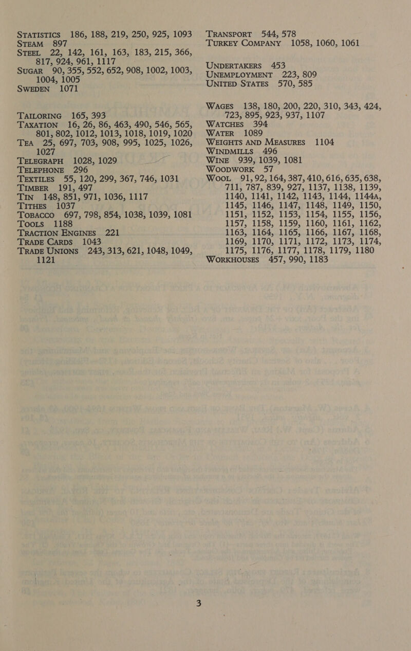 STATISTICS STEAM 897 STEEL 22, 142, 161, 163, 183, 215, 366, 817, 924, 961, 1117 SuGaR 90, 355, 552, 652, 908, 1002, 1003, 1004, 1005 SWEDEN 1071 186, 188, 219, 250, 925, 1093 TAILORING 165, 393 TAXATION 16, 26, 86, 463, 490, 546, 565, 801, 802, 1012, 1013, 1018, 1019, 1020 TEA 25, 697, 703, 908, 995, 1025, 1026, 1027 TELEGRAPH 1028, 1029 TELEPHONE 296 TEXTILES 55, 120, 299, 367, 746, 1031 TIMBER 191, 497 Tin 148, 851, 971, 1036, 1117 TITHES 1037 Topacco 697, 798, 854, 1038, 1039, 1081 Toots 1188 TRACTION ENGINES 221 TRADE CARDS 1043 TRADE UNIONS 243, 313, 621, 1048, 1049, TRANSPORT 544, 578 TURKEY COMPANY 1058, 1060, 1061 UNDERTAKERS 453 UNEMPLOYMENT 223, 809 UNITED STATES 570, 585 WaGEs 138, 180, 200, 220, 310, 343, 424, 723, 895, 923, 937, 1107 WATCHES 394 WATER 1089 WEIGHTS AND MEASURES WINDMILLS 496 WINE 939, 1039, 1081 WoopworK 57 Woo. 91,92, 164, 387, 410, 616, 635, 638, 711, 787, 839, 927, 1137, 1138, 1139, 1140, 1141, 1142, 1143, 1144, 1144a, 1145, 1146, 1147, 1148, 1149, 1150, 1151, 1152, 1153, 1154, 1155, 1156, 1157, 1158, 1159, 1160, 1161, 1162, 1163, 1164, 1165, 1166, 1167, 1168, 1169, 1170, 1171, 1172, 1173, 1174, 1175, 1176, 1177, 1178, 1179, 1180 1104