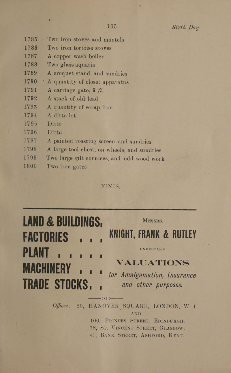 1785 ‘Two iron stoves and mantels 1786 ‘Two iron tortoise stoves 1787 A copper wash boiler 1788 ‘Two glass aquaria 1789 A croquet stand, and sundries 1790 ° A quantity of closet apparatus 1791 ~—A carriage gate, 9 /¢. 1792 A stack of old lead 1793 A quantity of scrap iron 1794 =A ditto lot E725 Ditto 1796. Ditto 1797 ~~ A painted roasting screen, and sundries 1798 A large tool chest, on wheels, and sundries 1799 Two large gilt cornices, and odd wood work 1800 ‘Two iron gates FINIS. LAND & BUILDINGS. Minas. FACTORIES , , , MWIGHT, FRANK & RUTLEY BR vslerone ; Mey ~ NS MACHINERY ,., , for Amalgamation, Insurance TRADE STOCKS, ' and other purposes. 0 Se Offices: 20, HANOVER SQUARE, LONDON, W. 1 2M aD 100, PRINCES STREET, EDINBURGH. 78, St. VINCENT STREET, GLASGOW. 41, BANK STREET, ASHFORD, KENT.