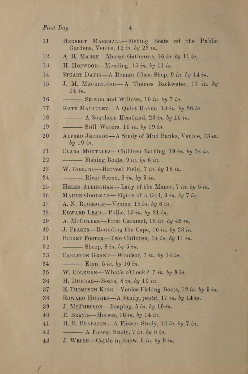 13 12 1s: 14 15 16 17 18 19 20 HERBERT MArSHALL—Fishing Boats off the Public Gardens, Venice, 127. by 23 on. A. H. MarsH—Mussel Gatherers, 16 2. by 11 2. H. Hopwoop—Mending, 15 wn. by 11 an.  STuaRT Davis—A Roman Glass Shop, 9 an. by 14 70. J. M. Mackxinrosoa—A Thames Backwater, 17 in. by 14 2.  Stream and Willows, 10 in. by 7 in. Kate MacauLEy—A Quiet Haven, 13-in. by 26 an.. A Southern Headland, 23 an. by 15 in. Still Waters, 10 in. by 19 in. | A Study of Mud Banks, Venice, 13 in.   ALFRED JEPHSON by 19 an. CLARA MontTaLtpA—Children Bathing, 19 2. by 14 2n. ———— Fishing Boats, 9 in. by 6 4in. W. GosLinc-——Harvest Field, 7 in. by 18 in. River Scene, 8 in. by 9 in.   HELEN. ALLINGHAM—Lady of the Manor, 7 in. by 5in. MaupE GoopmMan—Figure of a Girl, 9 in. by 7 in. A. N. RoussorF—Venice, 15 an, by 8 in. Epwarp LEAR—Phile, 13 in. by 21 on. A. McCuLLEN—First Cataract, 15 in. by 45 in. J. FRaSER—Rounding the Cape, 16 en. by 23 an. BrrKET FostER—Two Children, 14 2n. by 11 in.  Sheep, 8 an. by 5 an. CARLETON GRANT— Windsor, 7 in. by 14 in. Eton, 57. by 10 an. | W. CoLEMAN—What’s o’Clock ? 7 in. by 8 in. H. Dunpas—-Boats, 8 an, by 10 an. EK. THompson Kinc—Venice Fishing Boats, 12 a. by 9 in. Epwarp HuGHEes—A. Study, pastel, 17 in. by 144. J. McPHERSON—Reaping, 5 zn. by 10 in. R. BeEavis—Horses, 107. by 14 an. H. B. Brasazon—A Flower Study, 10 in. by 7 an. A Flower Study, 7 in. by 5 in. J. WELSH—Cattle in Snow, 6 in. by 9 in.  