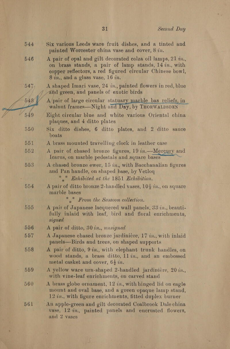  555 556 557 558 559 561 31 Second Day Six various Leeds ware fruit dishes, and a tinted and painted Worcester china vase and cover, 8 zz. A pair of opal and gilt decorated colza oil lamps, 21 i., on brass stands, a pair of lamp stands, 14 7%n., with copper reflectors, a red figured circular Chinese bowl, 8 in., and a glass vase, 16 7. A shaped Imari vase, 24 2., painted flowers in red, blue walnut frames—Night an ay, by THORWALDSDEN Eight circular blue and white various Oriental china plaques, and 4 ditto plates Six ditto dishes, 6 ditto plates, and 2 ditto sauce boats A brass mounted travelling clock in leather case A pair of chased bronze figures, 19 2. —Mercury and Icarus, on marble pedestals and square bases A chased bronze ewer, 15 in., with Bacchanalian figures and Pan handle, on shaped base, by Vetloq *.” Exhibited at the 1851 Hxrhibition. A pair of ditto bronze 2-handled vases, 103 i7., on square marble bases *,. From the Sassoon collection. A pair of Japanese lacquered wall panels, 33 7., beauti- fully inlaid with leaf, bird and floral enrichments, signed A pair of ditto, 30 %in., wnsigned A Japanese chased bronze jardiniére, 17 in., with inlaid panels—-Birds and trees, on shaped supports A pair of ditto, 97m., with elephant trunk handles, on wood stands, a brass ditto, llinv., and an embossed metal casket and cover, 64 2. A yellow ware urn-shaped 2-handled jardinicre, 20 zn., with vine-leaf enrichments, on carved stand A brass globe ornament, 12 on., with hinged lid on eagle mount and oval base, and a green opaque lamp stand, 12 i., with figure enrichments, fitted duplex burner vase, 12 2m., painted panels and encrusted flowers,