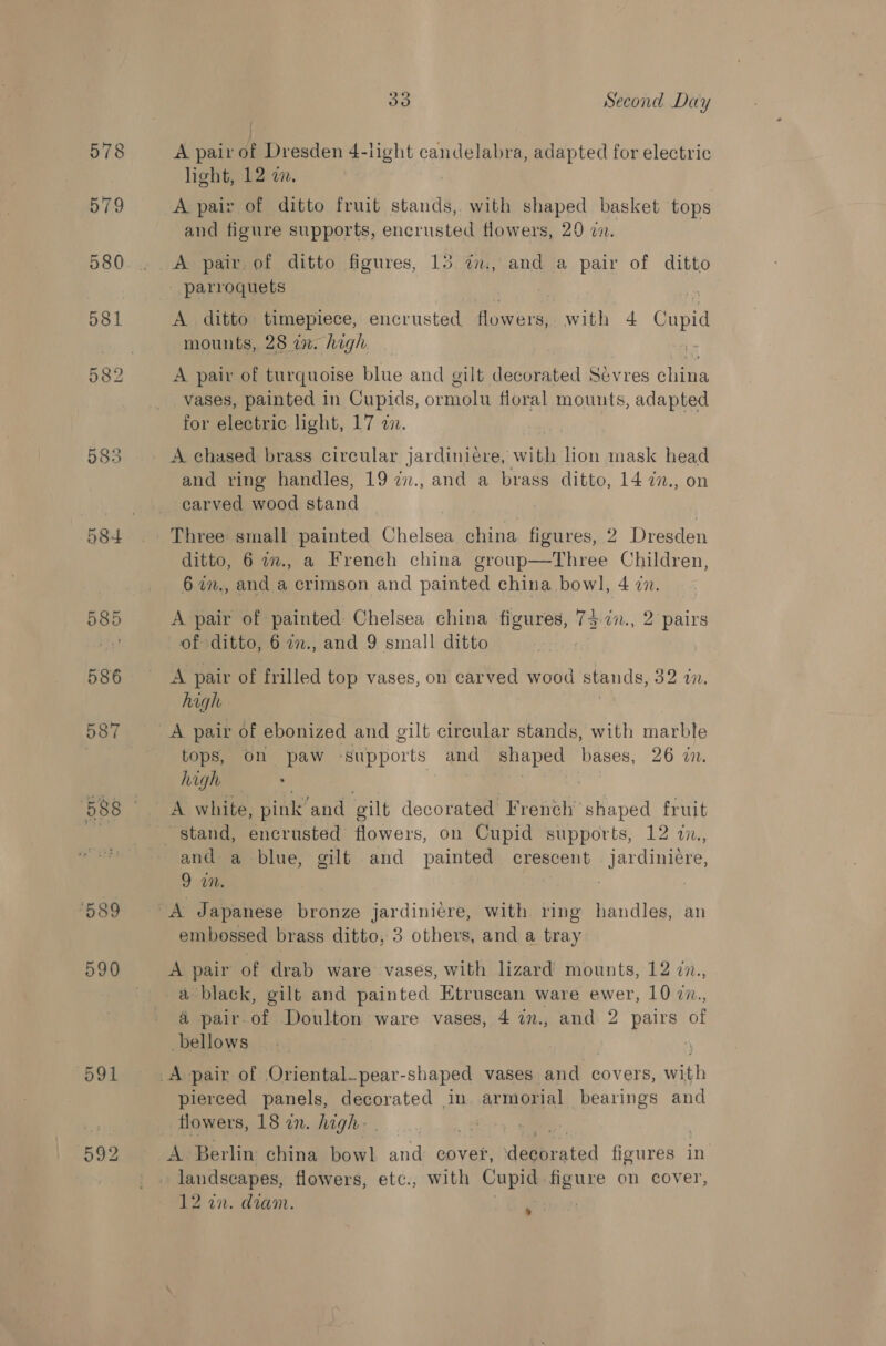 590 591 33 Second Day A pair of Dresden 4-light candelabra, adapted for electric light, 12 a. A pair of ditto fruit stands, with shaped basket tops and figure supports, encrusted flowers, 29 i. A pair.of ditto figures, 15 du, and a pair of ditto parroquets ) : A ditto timepiece, encrusted flowers, with 4 Cupid mounts, 28 a. high ... A pair of turquoise blue and gilt decorated Sevres china vases, painted in Cupids, ormolu floral mounts, adapted for electric light, 17 zn. A chased brass circular jardiniére, inn lion mask head and ring handles, 19 zn., and a brass ditto, 14 in., on carved wood stand Three small painted Chelsea china figures, 2 Dresden ditto, 6 w., a French china group—Three Children, 6 i., and a crimson and painted china bowl, 4 zz. A pair of painted Chelsea china figures, 73.i7., 2 pairs of ditto, 6 am., and 9 small ditto A pair of frilled top vases, on carved wood stands, 32 UW. high tops, on paw ‘supports and shaped bases, 26 a. high and a blue, gilt and painted crescent jardinidre, 9 mM. : embossed brass ditto, 3 others, and a tray A pair of drab ware vases, with lizard mounts, 12 77., &amp; pair. of Doulton ware vases, 4 in., and 2 pairs of bellows ) pierced panels, decorated in armorial bearings and A Berlin china bowl and cover, ‘decorated figures in landscapes, flowers, etc., with Cupid figure on cover,