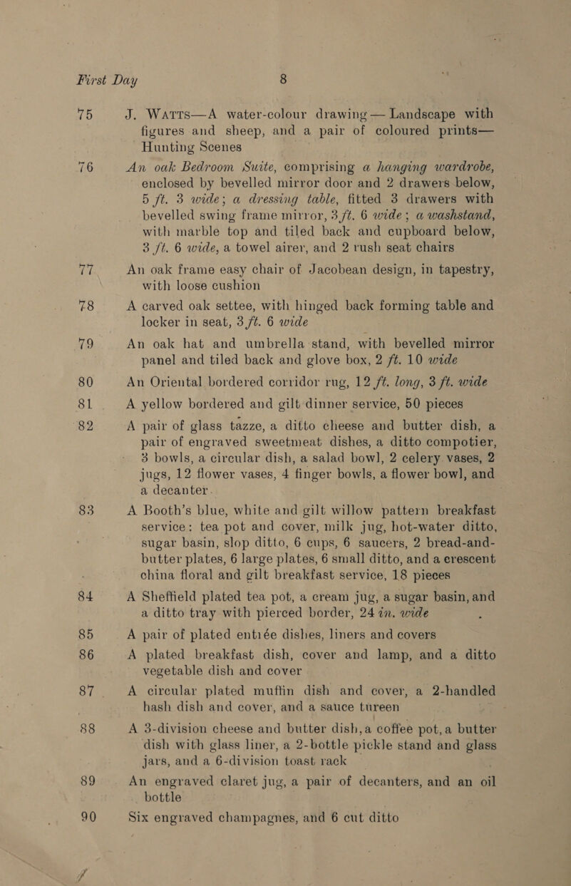 io U7 78 79 80 “82 83 84 85 86 87 88 89 90 J. Watrs—A water-colour drawing — Landscape with figures and sheep, and a pair of coloured prints— Hunting Scenes 3 An oak Bedroom Suite, comprising a hanging wardrobe, enclosed by bevelled mirror door and 2 drawers below, 5 ft. 3 wide; a dressing table, fitted 3 drawers with bevelled swing frame mirror, 3,/¢. 6 wide; a washstand, with marble top and tiled back and cupboard below, 3 ft. 6 wide, a towel airer, and 2 rush seat chairs An oak frame easy chair of Jacobean design, in tapestry, with loose cushion A carved oak settee, with hinged back forming table and locker in seat, 3 /t. 6 wide An oak hat and umbrella stand, with bevelled mirror panel and tiled back and glove box, 2 ft. 10 wide An Oriental bordered corridor rug, 12 /¢. long, 3 ft. wide A yellow bordered and gilt dinner service, 50 pieces A pair of glass tazze, a ditto cheese and butter dish, a pair of engraved sweetmeat dishes, a ditto compotier, 3 bowls, a circular dish, a salad bow], 2 celery vases, 2 jugs, 12 flower vases, 4 finger bowls, a flower bow], and a decanter. 25 A Booth’s blue, white and gilt willow pattern breakfast service: tea pot and cover, milk jug, hot-water ditto, sugar basin, slop ditto, 6 cups, 6 saucers, 2 bread-and- butter plates, 6 large plates, 6 small ditto, and a erescent china floral and gilt breakfast service, 18 pieces A Sheffield plated tea pot, a cream jug, a sugar basin, and a ditto tray with pierced border, 24 an. wide A pair of plated entiée dishes, liners and covers A plated breakfast dish, cover and lamp, and a ditto vegetable dish and cover A circular plated muffin dish and cover, a 2-handled hash dish and cover, and a sauce tureen A 3-division cheese and butter dish,a coffee pot,a butter dish with glass liner, a 2-bottle pickle stand and glass jars, and a 6-division toast rack An engraved claret jug, a pair of decanters, and an oil bottle Six engraved champagnes, and 6 cut ditto