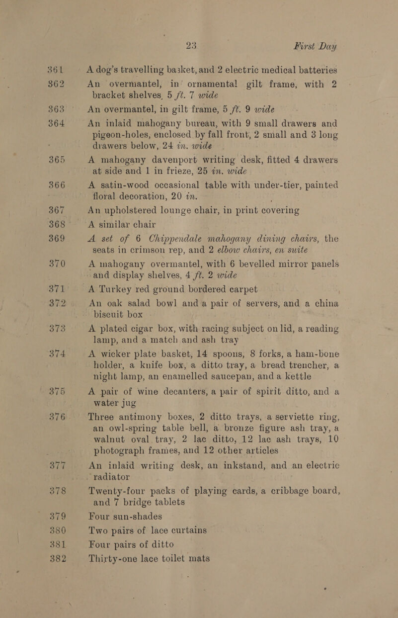 BA First Day bracket shelves, 5 /¢. 7 wide An overmantel, in gilt frame, 5 /#. 9 wide An inlaid mahogany bureau, with 9 small drawers and pigeon-holes, enclosed by fall front, 2 small and 3 long drawers below, 24 in. wide A mahogany davenport writing desk, fitted 4 drawers A satin-wood occasional table with under-tier, painted floral decoration, 20 1. An upholstered lounge chair, in print covering A similar chair 7 A set of 6 Chippendale mahogany dining charrs, the seats in crimson rep, and 2 elbow chairs, en suite A mahogany overmantel, with 6 bevelled mirror panels and display shelves, 4 /#. 2 wide A Turkey red ground bordered carpet An oak salad bowl anda pair of servers, and a china biscuit box - A plated cigar box, with racing subject on lid, a reading lamp, and a match and ash tray A wicker plate basket, 14 spoons, 8 forks, a ham-bone holder, a knife box, a ditto tray, a bread trencher, a night lamp, an enamelled saucepan, and a kettle A pair of wine decanters, a pair of spirit ditto, and a water jug an owl-spring table bell, a bronze figure ash tray, a walnut oval tray, 2 lac ditto, 12 lac ash trays, 10 — photograph frames, and 12 other articles An inlaid writing desk, an inkstand, andr an electric Twenty-four packs of playing cards, a cribbage board, and 7 bridge tablets Four sun-shades Two pairs of lace curtains Four pairs of ditto Thirty-one lace toilet mats