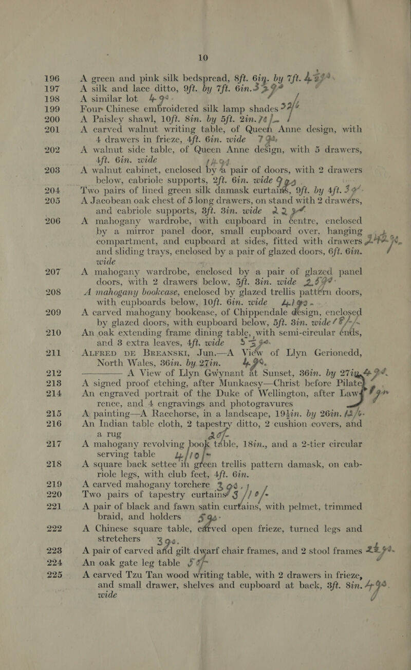 - A green and pink silk bedspread, 8ft. 6iy. by 7ft. Lge A silk and lace ditto, 9ft. by 7ft. 6in.3 &gt; ys “ A similar lot 4 9°- Four Chinese embroidered silk lamp shades ? é A Paisley shawl, 10ft. 8in. by 5ft. 2in.7¢ /_. A carved walnut writing table, of Queen Anne design, with 4 drawers in frieze, 4ft. 6in. wide 7 Gas A walnut side table, of Queen Anne design, with 5 drawers, Aft. 6in. wide Ao A walnut cabinet, enclosed iw A pair of doors, with 2 drawers below, cabriole supports, 2ft. 67n. wide 9 Two pairs of lined green silk damask SOR $e Oft. by ft. 3% A Jacobean oak chest of 5 long drawers, on stand with 2 drawers, and cabriole supports, 3ft. 3in. wide 22 9% A mahogany wardrobe, with cupboard in éentre, enclosed by a mirror panel door, small cupboard over, hanging ., 4 | compartment, and cupboard at sides, fitted with drawers alia ha and sliding trays, enclosed by a pair of glazed doors, 6ft. 67n. wide ) A mahogany wardrobe, enclosed by a pair of glazed panel doors, with 2 drawers below, 5ft. 3in. wide 2.39? A mahogany bookcase, enclosed by glazed trellis patt€rn doors, with cupboards below, 10ft. 6in. wide 2.) 9a. A carved mahogany bookcase, of Chippendale design, enclosed by glazed doors, with cupboard below, 5ft. 3in. wide ¢ PL/ An oak extending frame dining table, with semi-circular énds, and 8 extra leaves, 4ft. wide 13 94: ALFRED DE BREANSKI, Jun.—A View of Llyn Gerionedd, North Wales, 36in. by 27in. 4. 9, ———— A View of Llyn Gwynant at Sunset, 36in. by 2714.4 , ¥ A signed proof etching, after Munkacsy—Christ before Pilate An engraved portrait of the Duke of Wellington, after Law , “ha rence, and 4 engravings and photogravures A painting—A Racehorse, in a landscape, 194in. by 26in. ta/e- An Indian table cloth, 2 tapestry ditto, 2 cushion covers, and a rug af- A mahogany revolving book table, 18%n., and a 2-tier circular serving table Ly [10 ™ A square back settee in green trellis pattern damask, on cab- rlole legs, with club feet, 4ft. 6in. A carved mahogany torchere 2 g4, Two pairs of tapestry oe, a / /@ /- A pair of black and fawn satin curtains, with pelmet, trimmed braid, and holders 4 A Chinese square table, carved open frieze, turned legs and stretchers 2g@y, A pair of carved fa gilt dwarf chair frames, and 2 stool frames 2% 59. An oak gate leg table ° . A carved Tzu Tan wood writing table, with 2 drawers in frieze, and small drawer, shelves and cupboard at back, 3ft. 8in. 4-98. wide /