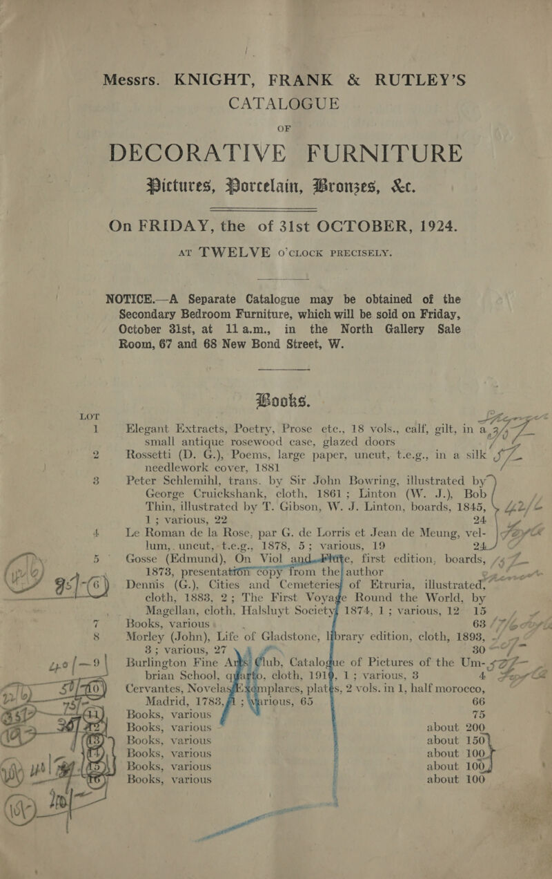 Messrs. KNIGHT, FRANK &amp; RUTLEY’S CATALOGUE OF DECORATIVE FURNITURE Pictures, Porcelain, Bronses, Ke. On FRIDAY, the of 3Ilst OCTOBER, 1924. At TWELVE o’cuock PRECISELY. / NOTICE.—A Separate Catalogue may be obtained of the Secondary Bedroom Furniture, which will be sold on Friday, October 3ist, at llam., in the North Gallery Sale Room, 67 and 68 New Bond Street, W. Books. LOT SK anit 1 Klegant Extracts, Poetry, Prose ete., 18 vols., calf, gilt, in a 3/4 e = sy =—s small antique rosewood case, glazed doors ris 2 Rossetti (D. G.), Poems, large paper, uncut, t.e.g., in a silk .~/— needlework cover, 1881 3 Peter Schlemihl, trans. by Sir John Bowring, illustrated by George Cruickshank, cloth, 1861; Linton (W. J.), Bob ’ Thin, illustrated by T. Gibson, W. J. Linton, boards, 1845, “ae/ he   1; various, 22 24, ie 4 Le Roman de la Rose, par G. de Lorris et Jean de Meung, vel- ty VA lum,. uncut, t.e.g., 1878, 5; various, 19 24. ran 5 Gosse (Edmund), On Viol ar 2 first edition, boards, “4 7 / yr ey) 1873, presentatr6n copy from the} author Pre oy 95]-C Dennis (G.), Cities and Cemeteries} of Etruria, illustrated,“ ~ cloth, 1883, 2; The First Voyage Round the World, by Magellan, cloth, mG Societyg 1874, 1 ; various, 12 CP er 7 Books, various 63 / 7/6 cur ie     3; various, 27 NA 30 © os Burlington Fine Arts € uib, Catalogue of Pictures of the ve SG Sn ee brian School, qyarto, cloth, 1919, 1; various, 3 Seng tia Cervantes, Novelasfi:xemplares, plates, 2 vols. in 1, half ae Madrid, 1783, #1 ; Warious, 65 66 Books, various | 15 Books, various - about 200 Books, various about 150 Books, various about 100 Books, various E about 100, : Books, various i about 100 . ah . ope ee meee ee 