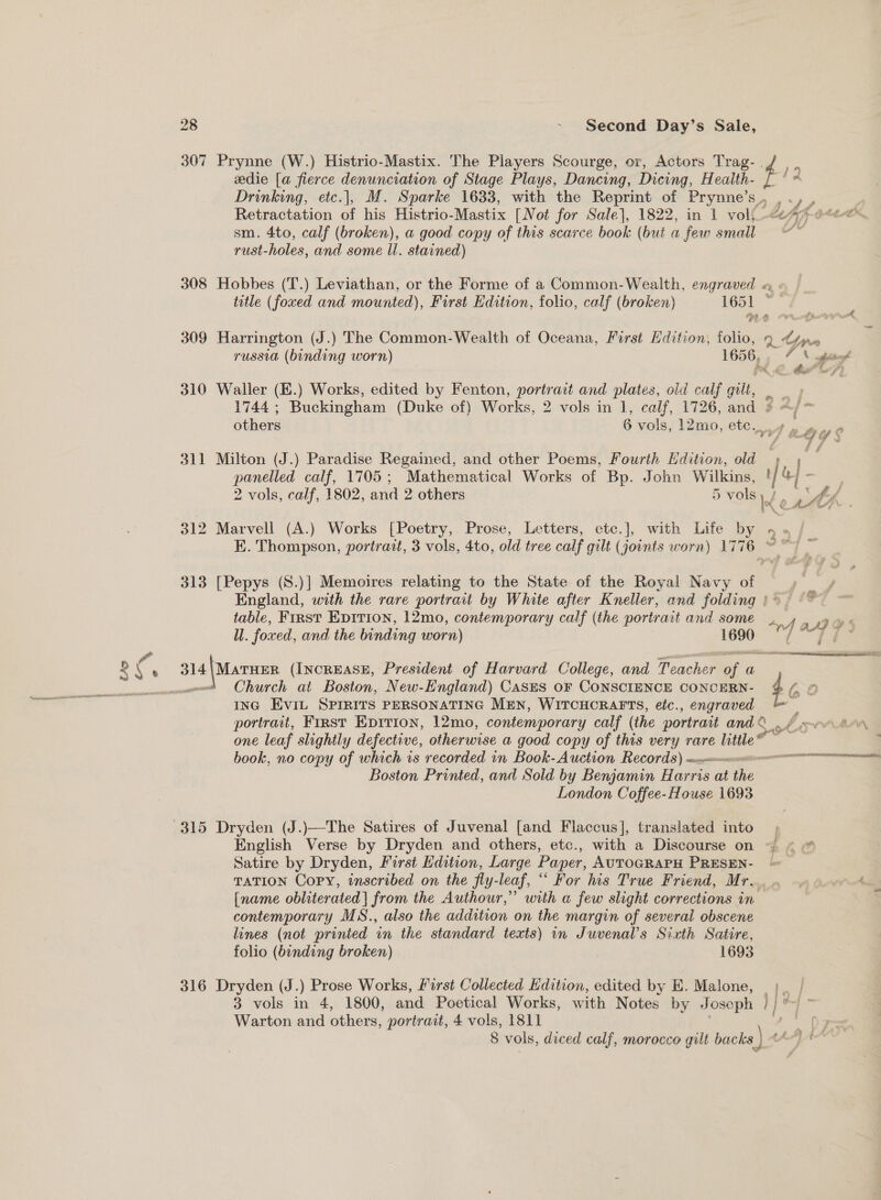 307 Prynne (W.) Histrio-Mastix. The Players Scourge, or, Actors Trag- . edie [a fierce denunciation of Stage Plays, Dancing, Dicing, Health- Drinking, etc.], M. Sparke 1633, with the Reprint of Prynne’s , Retractation of his Histrio-Mastix [Not for Sale], 1822, in 1 vol; sm. 4to, calf (broken), a good copy of this scarce book (but a few small rust-holes, and some ll. stained) | “4 Sf » Mok ot a he foe ae a an ij Tt russia (binding worn) i 310 Waller (E.) Works, edited by Fenton, portrait and plates, old calf ie - 1744 ; Buckingham (Duke of) Works, 2 vols in 1, calf, 1726, and ¢ others 6 vols, 12mo, etc. 311 Milton (J.) Paradise Regained, and other Poems, Fourth Hdition, old  4 wg iooy 6. el CP; fiat o ra n - Ss . e AAL i ee we Z 313 [Pepys (S.)] Memoires relating to the State of the Royal Navy of table, First Epition, 12mo, contemporary calf (the portrait and some UW. foxed, and the binding worn) sae Church at Boston, New-England) CASES OF CONSCIENCE CONCERN- ING Evil SPIRITS PERSONATING MEN, WITCHORAFTS, efc., engraved one leaf slightly defective, otherwise a good copy of this very rare little ® book, no copy of which is recorded in Book-Auction Records) ur Boston Printed, and Sold by Benjamin Harris aa ihe London Coffee-House 1693 ne asf i  foo iT \ » ESLER LES LILLE LOE ILLES Satire by Dryden, First Edition, Large Paper, AUTOGRAPH PRESEN- TATION Copy, inscribed on the fly-leaf, ““ For his True Friend, Mr.. [name obliterated] from the Authour,” with a few slight corrections in contemporary MS., also the addition on the margin of several obscene lines (not printed in the standard texts) in Juvenal’s Sixth Satire, folio (binding broken) | 1693 316 Dryden (J.) Prose Works, First Collected Hdition, edited by E. Malone, 3 vols in 4, 1800, and Poetical Works, with Notes by Joseph Warton and others, portrait, 4 vols, 1811 8 vols, diced calf, morocco gilt backs ) ae i ia} t