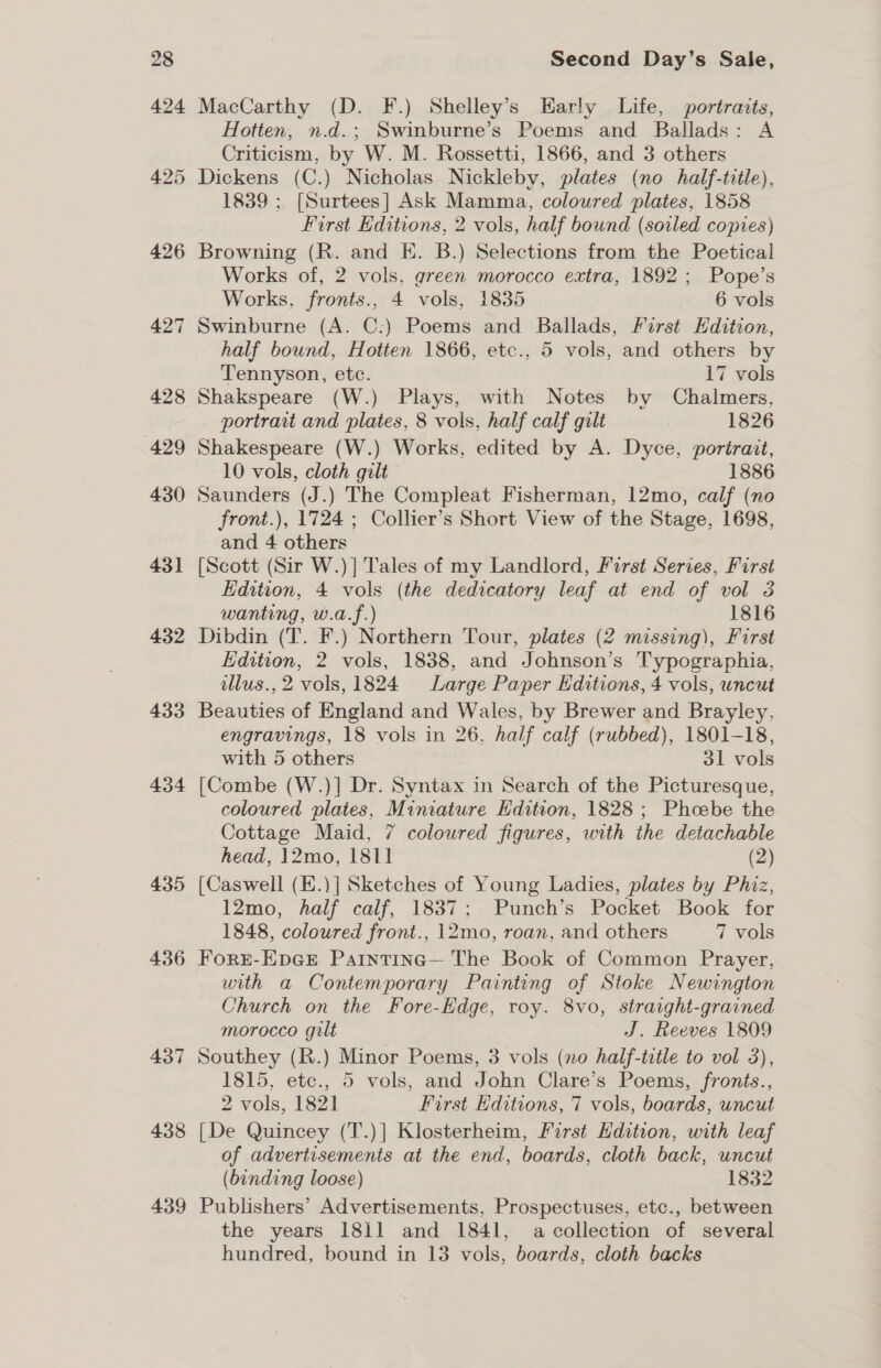 43] 432 433 434 435 436 437 438 439 Second Day’s Sale, MacCarthy (D. F.) Shelley’s Early Life, portraits, Hotten, n.d.; Swinburne’s Poems and Ballads: A Criticism, by W. M. Rossetti, 1866, and 3 others Dickens (C.) Nicholas Nickleby, plates (no half-title), 1839 ; [Surtees] Ask Mamma, coloured plates, 1858 First Editions, 2 vols, half bound (soiled copies) Browning (R. and EK. B.) Selections from the Poetical Works of, 2 vols, green morocco extra, 1892; Pope’s Works, fronts., 4 vols, 1835 6 vols Swinburne (A. C:) Poems and Ballads, First Edition, half bound, Hotten 1866, etc., 5 vols, and others by Tennyson, etc. 17 vols Shakspeare (W.) Plays, with Notes by Chalmers, portrart and plates, 8 vols, half calf gilt 1826 Shakespeare (W.) Works, edited by A. Dyce, portrait, 10 vols, cloth gilt 1886 Saunders (J.) The Compleat Fisherman, 12mo, calf (no front.), 1724 ; Collier’s Short View of the Stage, 1698, and 4 others [Scott (Sir W.)] Tales of my Landlord, First Series, First Edition, 4 vols (the dedicatory leaf at end of vol 3 wanting, w.a.f.) 1816 Dibdin (T. F.) Northern Tour, plates (2 missing), First Edition, 2 vols, 1838, and Johnson’s Typographia, illus., 2 vols, 1824 Large Paper Editions, 4 vols, uncut Beauties of England and Wales, by Brewer and Brayley, engravings, 18 vols in 26, half calf (rubbed), 1801-18, with 5 others 31 vols [Combe (W.)] Dr. Syntax in Search of the Picturesque, coloured plates, Miniature Edition, 1828 ; Phoebe the Cottage Maid, 7 coloured figures, with the detachable head, 12mo, 1811 (2) [Caswell (E.)] Sketches of Young Ladies, plates by Phiz, 12mo, half calf, 1837: Punch’s Pocket Book for 1848, coloured front., 12mo, roan, and others 7 vols For8-EpGrE Paintina—-The Book of Common Prayer, with a Contemporary Painting of Stoke Newington Church on the Fore-Edge, roy. 8vo, straight-grained morocco gult J. Reeves 1809 Southey (R.) Minor Poems, 3 vols (no half-title to vol 3), 1815, etc., 5 vols, and John Clare’s Poems, fronts., 2 vols, 1821 First Editions, 7 vols, boards, uncut [De Quincey (T.)] Klosterheim, First Edition, with leaf of advertisements at the end, boards, cloth back, uncut (binding loose) 1832 Publishers’ Advertisements, Prospectuses, etc., between the years 1811 and 1841, a collection of several hundred, bound in 13 vols, boards, cloth backs