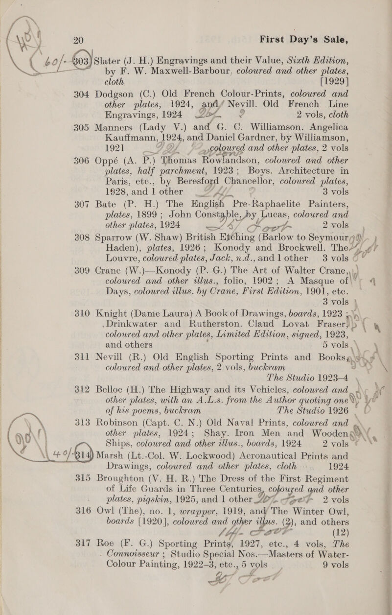     20 First Day’s Sale, Cs 0/- 803) Slater (J. H.) Engravings and their Value, Sixth Edition, es by F. W. Maxwell-Barbour, coloured and other plates, cloth [1929] 304 Dodgson (C.) Old French Colour-Prints, coloured and other plates, 1924, and/ Nevill. Old French Line Engravings, 1924 bf. ‘ 2 vols, cloth 305 Manners (Lady V.) and G. C. Williamson. Angelica Kauffmann, 1924, and Daniel Gardner, by Williamson, 1921 FO} ycotoured and other plates, 2 vols 306 Oppé (A. P.) Thomas eet coloured and other plates, half parchment, 1923 ; Boys. Architecture in Paris, etc., by Beresford Chancelior, coloured plates, 1928, and 1 other _ Wy 3 vols 307 Bate (P. H.) The Engi “Pre- Raphaelite Painters, plates, 1899 ; John Const: O PY, Lucas, coloured and other plates, 1924 weep Ay Ko ort 270le™ &gt; « 308 Sparrow (W. Shaw) British Et¢hing (Barlow to Seymour/j0) Haden), plates, 1926; Konody and Brockwell. The“, 309 Crane (W.)—Konody (P. G.) The Art of Walter Crane, coloured and other illus., folio, 1902; A Masque of Days, coloured illus. by Crane, First Edition, T9O1,.eke: | 3 vols 310 Knight (Dame Laura) A Book of Drawings, boards, 1923 ,. .Drinkwater and Rutherston. Claud Lovat Fraser} &gt; coloured and other plates, Inmited Edition, signed, 1923, and others 5 vols ,* 311 Nevill (R.) Old English Sporting Prints and Books) coloured and other plates, 2 vols, buckram The Studio 1923-4 312 Belloc (H.) The Highway and its Vehicles, coloured and ~ fh of his poems, buckram . 313 Robinson (Capt. C. N.) Old Naval Prints, coloured and , other plates, 1924; Shay. Iron Men and Woodeng’ 4) Marsh (Lt.-Col. W. Lockwood) Aeronautical Prints and Drawings, coloured and other plates, cloth. 1924 315 Broughton (V. H. R.) The Dress of the First: Regiment of Life Guards in Three Centuries, ne ee and other plates, pigskin, 1925, and 1 other ® &gt; Fyet- 2 vols 316 Owl (The), no. 1, wrapper, 1919, and ane vr ea Owl, boards [1920], coloured and other @ aus. (2 2), and others : /bf- Teer (12) 317 Roe (F. G.) Sporting Prints, 1927, etc., 4 vols, The . Connoisseur ; Studio Special Nos.—Masters of Water- Colour Painting, 1922-3, etc.,5 vols _ , 9 vols # é ¢ vat we ope F cf \ a | 4 % ' a r.