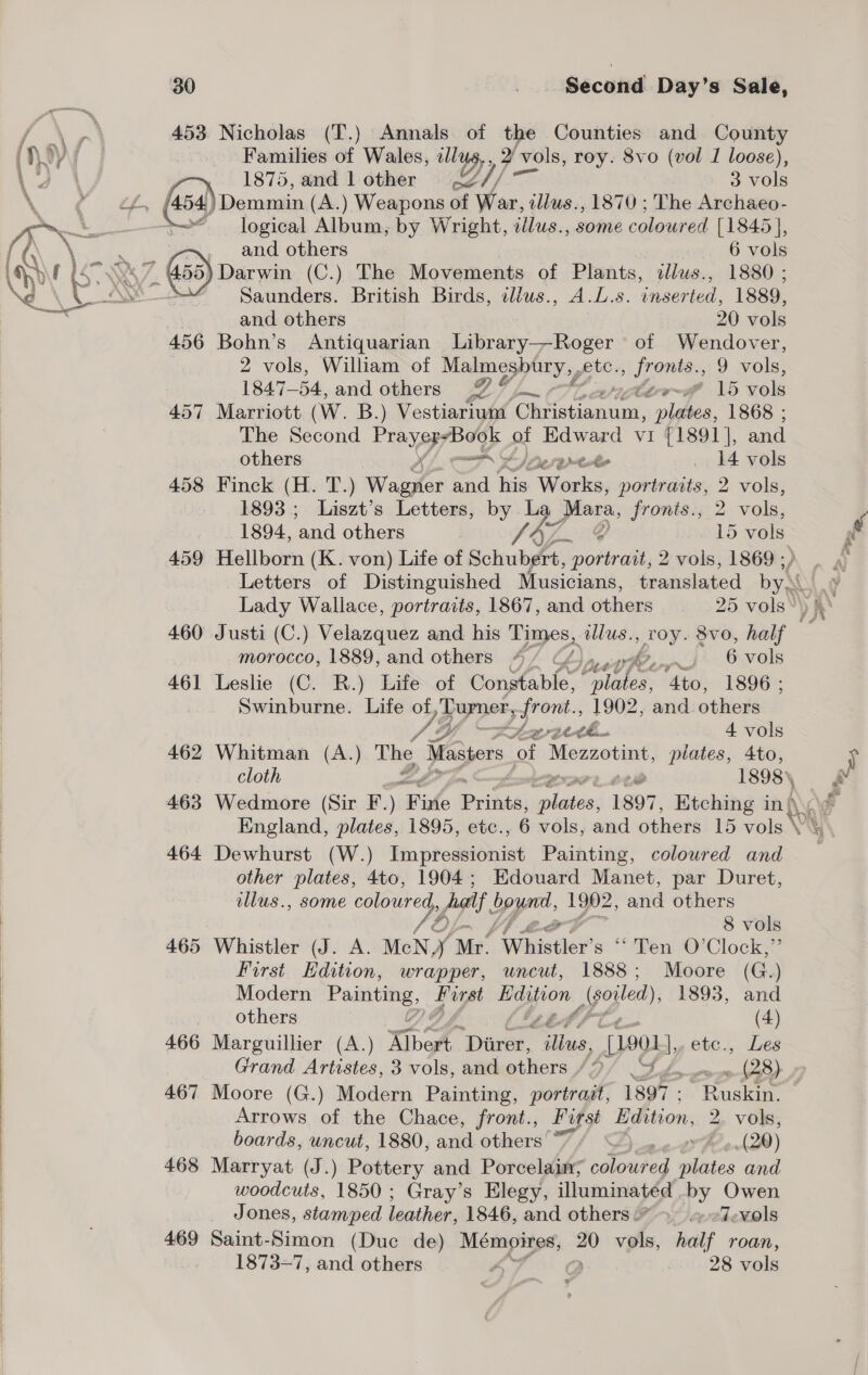 453 Nicholas (T.) Annals. of the Counties and County (Hoy Families of Wales, illus, 2 vols, roy. 8vo (vol I loose), 12 | . 1875, and lother © ¢Z/, 3 vols \ 4 (454) )Demmin (A .) Weapons of Wer, illus., 1870 ; The Archaeo- ae logical Album, by Wright, alus., some coloured [1845 ], : and others 6 vols Ws 7. or Darwin (C.) The Movements of Plants, illus., 1880 ; . Saunders. British Birds, tliws., A.L.s. inserted, 1889, and others 20 vols 456 Bohn’s Antiquarian Library—Roger of Wendover, 2 vols, William of Malmesbury, , ete. , fronts., 9 vols, 1847— BA, and others 2” wittrr~B 15 vols 457 Marriott (W. B.) Vestiarium ‘Christianum, plates, 1868 ; The Second Pray bods of Bees vi {1891 ], and others x nS) pera tede . 14 vols 458 Finck (H. T.) Wagner and his Works, portraits, 2 vols, 1893 ; Liszt’s Letters, by La Mara, fronts., 2 vols, 1894, ‘and others | Sb. 15 vols 459 Hellborn (K. von) Life of Schubert, postratl) 2 vols, 1869;) .. , Letters of Distinguished Musicians, translated by.  Lady Wallace, portraits, 1867, and others 25 vols*) i 460 Justi (C.) Velazquez and his Times, illus. » LOY. 8vo, half — morocco, 1889, and others 4/ © joe 6 vols 461 Leslie (C. R.) Life of Constable, be fy ‘Ato, 1896 ; Swinburne. Life of Turner, pyrent 1902, and others a even 4 vols 462 Whitman (A.) The, Masters (ots ‘Mezzotint, plates, Ato, cloth 2 e 1898, 4 463 Wedmore (Sir F. ) Fixe Pridts; igi 1897, Etching in) h\ England, plates, 1895, etc., 6 vols, and others 15 vols Yh 464 Dewhurst (W.) Impressionist Painting, coloured and other plates, 4to, 1904; Edouard Manet, par Duret, llus., some coloured, pal, ae 1902, and others i 8 vols 465 Whistler (J. A. MeN, y Mr. Whistler's “ ‘Ten O’Clock,”’ | First Edition, wrapper, uncut, 1888; Moore (G.) | Modern Painting, First Edysion _Woiled) 1893, and others (4) Grand Artistes, 3 vols, and others /3/ J. ~ (28) 467 Moore (G.) Modern Painting, portrait, 1897 ; fuser Arrows of the Chace, front., First Edition, 2. vols, boards, uncut, 1880, and others’ 7/ De» (20) | 468 Marryat (J.) Pottery and Porcelain; coloured ee and | woodcuts, 1850; Gray’s Elegy, illuminated by Owen Jones, stamped leather, 1846, and others ” ~I-wols 469 Saint-Simon (Duc de) Mémoires, 20 vols, half roan, 1873-7, and others 4760 28 vols 466 Marguillier (A.) Bibgh Diwst, dus, L0QL ete., Les ) )