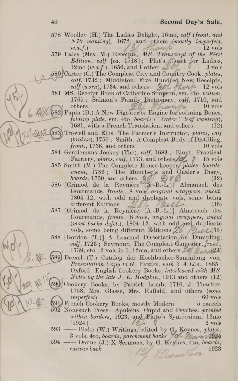 ‘A  a) M\. 14 40 Second Day’s Sale, 578 Woolley se Ladies amen oe calf (front. and 579 Eales (Mrs. M M.) nob MS. cage itu of the First Edition, calf [ca. 1718]; Plat’s Closet for Ladies, 12mo (w.a.f.), 1656, and 1 other ot oY &lt; 3 ae TN \  calf, 1732; Middleton. Five Hundred New, Receipts, calf (worn), 1734, and others 9ot th oes 12 vols 581 MS. Receipt Book of Catherine Simpson, sm. 4to, vellum, 1765 ; Salmon’s ee Pr yopery calf, 17 10, and withexs eprtn AIR 10 vols folding plate, sm. Ato, boards (‘‘ Order’ leaf wanting), 1681, with a French Translation, and others (12) 683) Trowel! and Ellis. The Farmer’s Instructor, plates, calf (broken), 1750 ; Smith. A Compleat Body of Distilling, front., 1738, and others 10 vols 584 Gentlemans Jockey (The), calf, 1683; Blunt. Practical Farriery, plates, calf, 1773, and othersfaZ, ? 15 vols 585 Smith (M.) The Complete House- keepers Elctioes boards, uncut, 1786; The Muncher’s and Guzler’s Diary, boards, 1750, and others 3 G7/ DIE (32) 586 [Grimod de la Reyniére’ (Ae -B.-L.)] Almanach des Gourmands, fronts., 8 voly, original wrappers, uncut, 1804-12, with odd and. ipvligate vols, some being different Editions uo Cetin (36) 587 [Grimod de la Revatene (A. ~-BEkzy| Almanach des Gourmands, fronis., 8 vols, original wrappers, uncut (most backs defct.), 1804-12, with odd and, aoe vols, some being different Editions % ff g et-4A35) 588 [Gordon (T.)] A Learned Dissertation fon Dumpling, calf, 1726 ; Seymour. The Compleat Ganposyar bee 1739, etc., 9 vols in 1, 12mo, and others ,.. 0h23-)  Presentation Copy to G. Vicaire, with 3 A.Ll.s., 1885 ; Oxford. English Cookery Books, interleaved with MS. Notes by the late J. EK. Hodgkin, 1913 and others (12) o | 1758, Mrs. Glasse, Mrs. Raffald, and others (some \, imperfect) 60 vols VY French Cookery Books, mostly Modern 5 parcels   592 Nonesuch Press—Apuleius. Cupid and Psyches, printed within borders, 1923, Woy pore: s Symposium, 12mo [1924 | 2 vols 593 —— Blake (W.) Writings/ edited by G, Keynes, plates, 3 vols, 4to, boards, parchment backs %O% Ylic,~m%y 1925 canvas back 1923