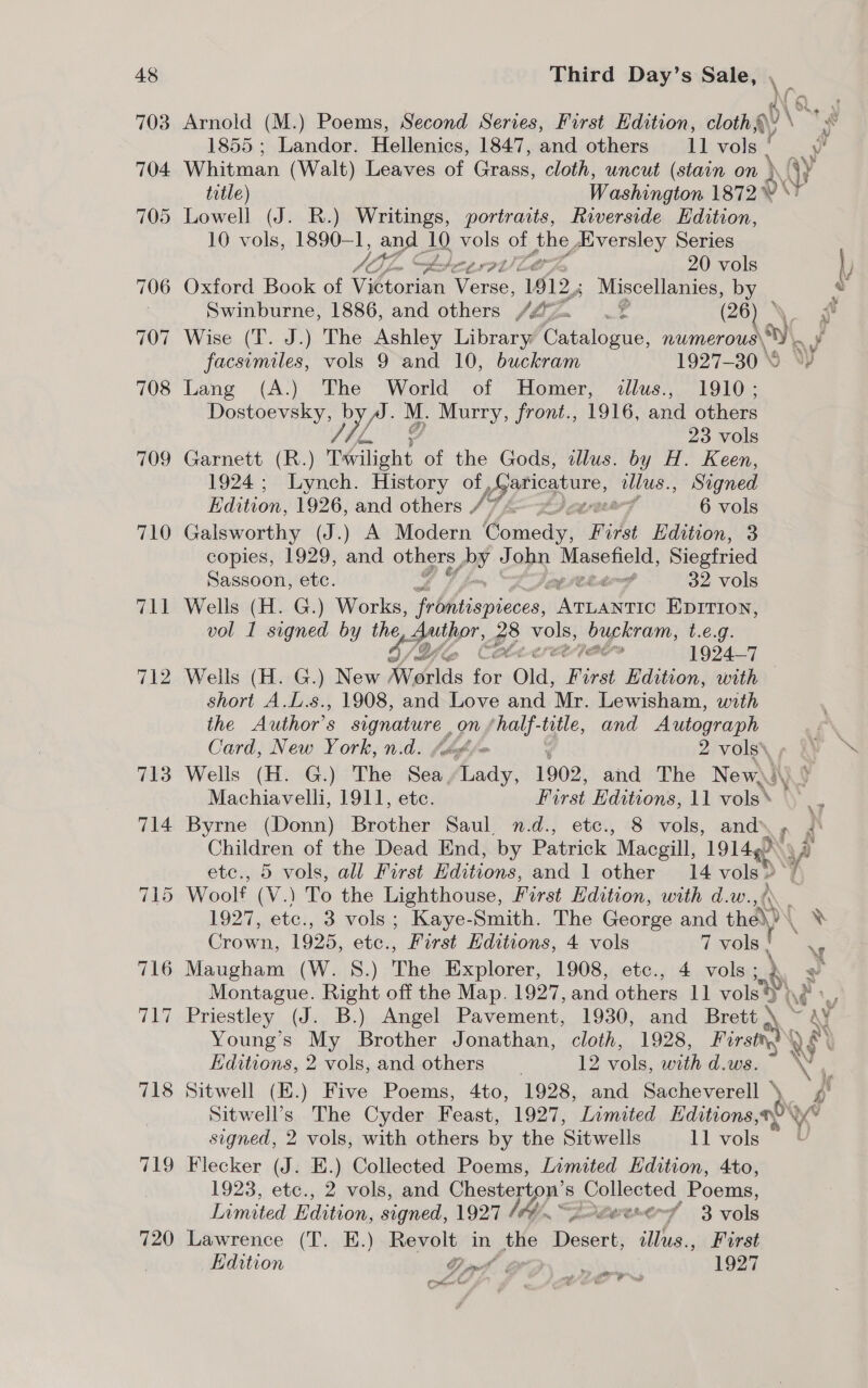 710 wad We 714 718 719 720 Third Day’s Sale, \ Arnold (M.) Poems, Second Series, First Edition, cloth go \ Md 1855 ; Landor. Hellenics, 1847, and others 11 vols | f &lt;a. Whitman (Walt) Leaves of Grass, cloth, uncut (stain on \ yy title) Washingion 1872 % 10 vols, 1890-1, and 10 vols of 09 versley Series WZ; a hte rat’, 20 vols Oxford Book of Vittorian Verse, 1912,; Miscellanies, by _ @ Swinburne, 1886, and others /@=. £ (26 facsemiles, vols 9 and 10, buckram 1927-30 8 W Lang (A.) The World of Homer, dilus.,. 1910; Dostoevsky, Ri haiy M. Murry, front., 1916, and others 23 vols Garnett (R.) Twilight of the Gods, illus. by H. Keen, 1924; Lynch. History of, pgationture, wus, Signed dition, 1926, and others / 7 4 6 vols Galsworthy (J.) A Modern “oniedy: Fils Edition, 3 copies, 1929, and — DY John fg es Siegfried Sassoon, etc. o 32 vols Wells (H. G.) Works, WMiiepicses int ete EDITION, vol 1 signed by the iy ee ge vols, OB t.e.g. ' 1924-7 © Wells (H. G.) New heiked ii Old, First Edition, with short A.L. s., 1908, and Love and Mr. Lewisham, with the Author’s signature on shalf-title, and Autograph Card, New York, n.d. (bbe 2 vols\ , 1¥ ™ Wells (H. G.) The Sea Lady, 1902, and The New)\)) Machiavelli, 1911, etc. First Editions, 11 vols* Byrne (Donn) Brother Saul. n.d., etc., 8 vols, and , Children of the Dead End, by Patrick J “Macgill, 191490 ete., 5 vols, all First Editions, and 1 other 14 vols \y Woolf (V.) To the Lighthouse, First Hdition, with d.w., 1927, etc., 3 vols; Kaye-Smith. The George and hd Ve. om 1925, foe First Editions, 4 vols 7 vols . Maugham (W. S.) The Explorer, 1908, etc., 4 vols; i, Montague. Right off the Map. 1927, and others 11 vols*&gt;}\ : Priestley (J. B.) Angel Pavement, 1930, and Brett \ » “ay Young’ss My Brother Jonathan, cloth, 1928, aa Editions, 2 vols, and others 12 vols, with d.ws. v ‘ Sitwell (E.) Five Poems, 4to, 1928, and Sacheverell ‘ y) Sitwell’s The Cyder Feast, 1927, Limited Editions 90 A signed, 2 vols, with others by the Sitwells 11 vols Flecker (J. E.) Collected Poems, Limited Edition, 4to, 1923, etc., 2 vols, and Chesterton’: S Collected Poems, Limited Edition, signed, 1927 WA, Peeere 7 3 vols Lawrence (T. E.) Revolt in the meme illus., First Edition Beh GO) on 1927 i ee