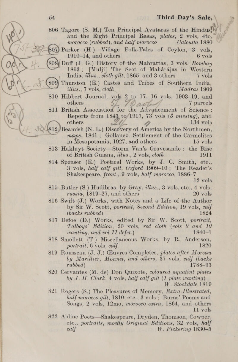     54 Third Day’s Sale, \ 806 Tagore (S. M.) Ten Principal Avataras of the Hindus!) | and the Eight Principal Rasas, plates, 2 vols, 4to,~— , morocco (rubbed), and half morocco Calcutta 1880 ke. 07) Parker (H.)—Village Folk-Tales of Ceylon, 3 vols, ~ 1910-14, and others 6 vols 808) Duff (J. G.) History of the Mahrattas, 3 vols, Bombay = 1863; [Mulji] The Sect of Maharajas in Western ~ , India, allus., cloth gilt, 1865, and 3 others 7 vols OV -~ (809) Thurston (E.) Castes and Tribes of Southern India, \ \{—_—— illus., 7 vols, cloth Madras 1909 ae @ 810 Hibbert Journal, vols 2 to 17, 16 vols, 1903-19, and others oy 7 parcels ‘a ff others 4 fs 4 134 vols es, VE (fra) ‘Beamish (N. L.) Discovery of America by the Northmen, ie maps, 1841; Gollancz. Settlement of the Carmelites in Mesopotamia, 1927, and others 15 vols 813° Hakluyt Society—Storm Van’s Gravesande: the Rise of British Guiana, allus., 2 vols, cloth 1911 814 Spenser (E.) Poetical Works, by J. C. Smith, etc., 3 vols, half calf gilt, Oxford 1909-10; The Reader’s Shakespeare, front., 9 vols, half morecco, 1886-7 12 vols 815 Butler (S.) Hudibras, by Gray, illus., 3 vols, etc., 4 vols, russia, 1819-27, and others 20 vols 816 Swift (J.) Works, with Notes and a Life of the Author by Sir W. Scott, portrait, Second Edition, 19 vols, calf (backs rubbed) 1824 817 Defoe (D.) Works, edited by Sir W. Scott, portrait, Talboys’ Edition, 20 vols, red cloth (vols 9 and 10 wanting, and vol 11 defect.) 1840-1 818 Smollett (T.) Miscellaneous Works, by R. Anderson, portrait, 6 vols, calf 1820 819 Rousseau (J. J.) Giuvres Completes, plates after Moreau by Marillier, Monnet, and others, 37 vols, calf (backs rubbed) 1788-93 820 Cervantes (M. de) Don Quixote, coloured aquatint plates by J. H. Clark, 4 vols, half calf gilt (1 plate wanting) W. Stockdale 1819 821 Rogers (S.) The Pleasures of Memory, Hatra-Lllustrated, half morocco gilt, 1810, etc., 3 vols ; Burns’ Poems and Songs, 2 vols, 12mo, morocco extra, 1864, and others 11 vols 822 Aldine Poets—Shakespeare, Dryden, Thomson, Cowper, etc., portraits, mostly Original Editions, 32 vols, half calf W. Pickering 1830-5