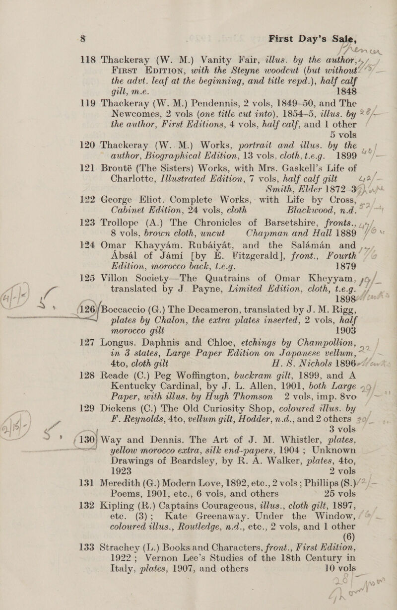 &amp;,* [Pin Go 118 Thackeray (W. M.) Vanity Fair, illus. by the wishes First Epivion, with the Steyne woodcut (but without” the advt. leaf at the beginning, and title repd.), half calf gilt, m.e. 1848 119 Thackeray (W. M.) Pendennis, 2 vols, 1849-50, and The _ Newcomes, 2 vols (one tetle cut into), 1854-5, illus. by 2 °/~ the author, First Editions, 4 vols, half calf, and 1 other / 120 Thackeray (W..M.) Works, portrait and illus. by the ay 121. Bronté (The Sisters) Works, with Mrs. Gaskell’s Life of — Charlotte, [llustrated Edition, 7 vols, half calf gilt ay : Smith, Lider 1872-37, 122 George Eliot. Complete Works, with Life by Cross, _. Cabinet Edition, 24 vols, cloth Blackwood, n.d. ° 123 Trollope (A.) The Chronicles of Barsetshire, fronts., )»/ 8 vols, brown cloth, uncut Chapman and Hall 1889 ie 6 124 Omar Khayyam. Rubaiyaét, and the Salaman and , Absal of Jami [by E. Fitzgerald], front., Fourth’ Edition, morocco back, t.e.g. 1879 ae 125 Villon Society—The Quatrains of Omar Kheyyam, /@, / A) a translated by J. Payne, Limited Edition, cloth, t.e.g.°i/ T/ 2 1898 28 iu , A26 Boccaccio (G.) The Decameron, translated by J. M. Rigg, erent plates by Chalon, the extra plates inserted, 2 vols, half morocco gilt. 1903 127 Longus. Daphnis and Chloe, etchings by Champollion, in 3 states, Large Paper Edition on Japanese vellum, ~ Ato, cloth gilt H.S. Nichols 1896 128 Reade (C.) Peg Woflfington, buckram gilt, 1899, and A Kentucky Cardinal, by J. L. Allen, 1901, both Large oo, Paper, with illus. by Hugh Thomson 2 vols,imp.8vo ~~ — 129 Dickens (C.) The Old Curiosity Shop, coloured tllus. by F. Reynolds, 4to, vellum gilt, Hodder, n.d., and 2 others $0/_ a 3 vols : (130) Way and Dennis. The Art of J. M. Whistler, plates, =| yellow morocco extra, silk end- -papers, 1904; Unknown Drawings of Beardsley, by R. A. Walker, “plates, 4to, 1923 2vols 131 Meredith (G.) Modern Love, 1892, etc., 2 vols ; Phillips (S.)/7 /— Poems, 1901, etc., 6 vols, and others . 25 vols 132 Kipling (R.) Captains Courageous, dllus., cloth gilt, 1897, etc. (3); Kate Greenaway. Under the Window, coloured illus., Routledge, n.d., etc., 2 vols, and 1 other (6) 133 Strachey (1..) Books and Characters, front., First Edition, 1922; Vernon Lee’s Studies of the 18th Century in Italy, plates, 1907, and others 10 vols