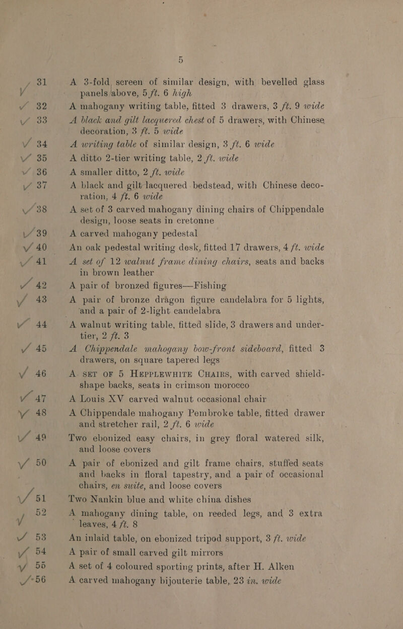 panels above, 5 /t. 6 high A mahogany writing table, fitted 3 drawers, 3 ft. 9 wide A black and gilt lacquered chest of 5 drawers, with Chinese decoration, 3 ft. 5 wide A writing table of similar design, 3 /t. 6 wide A ditto 2-tier writing table, 2 /¢. wide A smaller ditto, 2 /¢. wide A black and gilt lacquered bedstead, with Chinese deco- ration, 4 /t. 6 wide A set of 3 carved mahogany dining chairs of Chippendale design, loose seats in cretonne A carved mahogany pedestal An oak pedestal writing desk, fitted 17 drawers, 4 /t. wide A set of 12 walnut frame dining chairs, seats and backs in brown leather A pair of bronzed figures—F ishing A pair of bronze dragon figure candelabra for 5 lights, and a pair of 2-light candelabra tier, 2 ft. 3 A Chippendale mahogany bow-front sideboard, fitted 3 drawers, on square tapered legs A. SET OF 5 HEPPLEWHITE CHAIRS, with carved shield- shape backs, seats in crimson morocco A Louis XV carved walnut occasional chair A Chippendale mahogany Pembroke table, fitted drawer and stretcher rail, 2 /¢. 6 wide Two ebonized easy chairs, in grey floral watered sill, and loose covers A pair of ebonized and gilt frame chairs, stuffed seats and backs in floral tapestry, and a pair of occasional chairs, en suite, and loose covers Two Nankin blue and white china dishes A mahogany dining table, on reeded legs, and 3 extra leaves, 4 /¢. 8 An inlaid table, on ebonized tripod support, 3 /t. wide A pair of small carved gilt mirrors A set of 4 coloured sporting prints, after H. Alken A carved mahogany bijouterie table, 23 in. wide