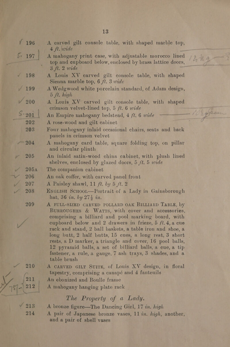 A carved gilt console table, with shaped marble top, 4 ft. wide ; A mahogany print case, with adjustable morocco lined 3 ft. 2 wide A Louis XV carved gilt console table, with shaped Sienna marble top, 6 /t. 3 wide A Wedgwood white porcelain standard, of Adam design, 5 ft. high A. Louis XV carved gilt console table, with shaped crimson velvet-lined top, 5 /t. 6 wide An Empire mahogany bedstead, 4 77.6 wide -——oo™ A rose-wood and gilt cabinet Four mahogany inlaid occasional chairs, seats and back panels in crimson velvet A mahogany card table, square folding top, on pillar and circular plinth An inlaid satin-wood china cabinet, with plush lined shelves, enclosed by glazed doors, 5 /t. 5 wide The companion cabinet An oak coffer, with carved panel front A Paisley shawl, 11 /t. by 5 /t. 2 EnGiLisH ScHoot—Portrait of a Lady in Gainsborough hat, 36 in. by 274 in. A FULL-SIZED CARVED POLLARD OAK BILLIARD TABLE, by BurroucHes &amp; Warts, with cover and accessories, comprising a billiard and pool marking board, with cupboard below and 2 drawers in frieze, 5 /¢.4,a cue rack and stand, 2 ball baskets, a table iron and shoe, a long butt, 2 half butts, 15 cues, a long rest, 3 short | rests, a D marker, a triangle and cover, 16 pool balls, 12 pyramid balls, a set of billiard balls, a cue, a tip fastener, a rule, a gauge, 7 ash trays, 3 shades, and a table brush A CARVED GILT Suit, of Louis XV design, in floral tapestry, comprising a canapé and 4 fauteuils An ebonized and Boulle frame A mahogany hanging plate rack The Property of a Lady. A bronze figure—The Dancing Girl, 17 in. high A pair of Japanese bronze vases, 11 in. high, another, and a pair of shell vases