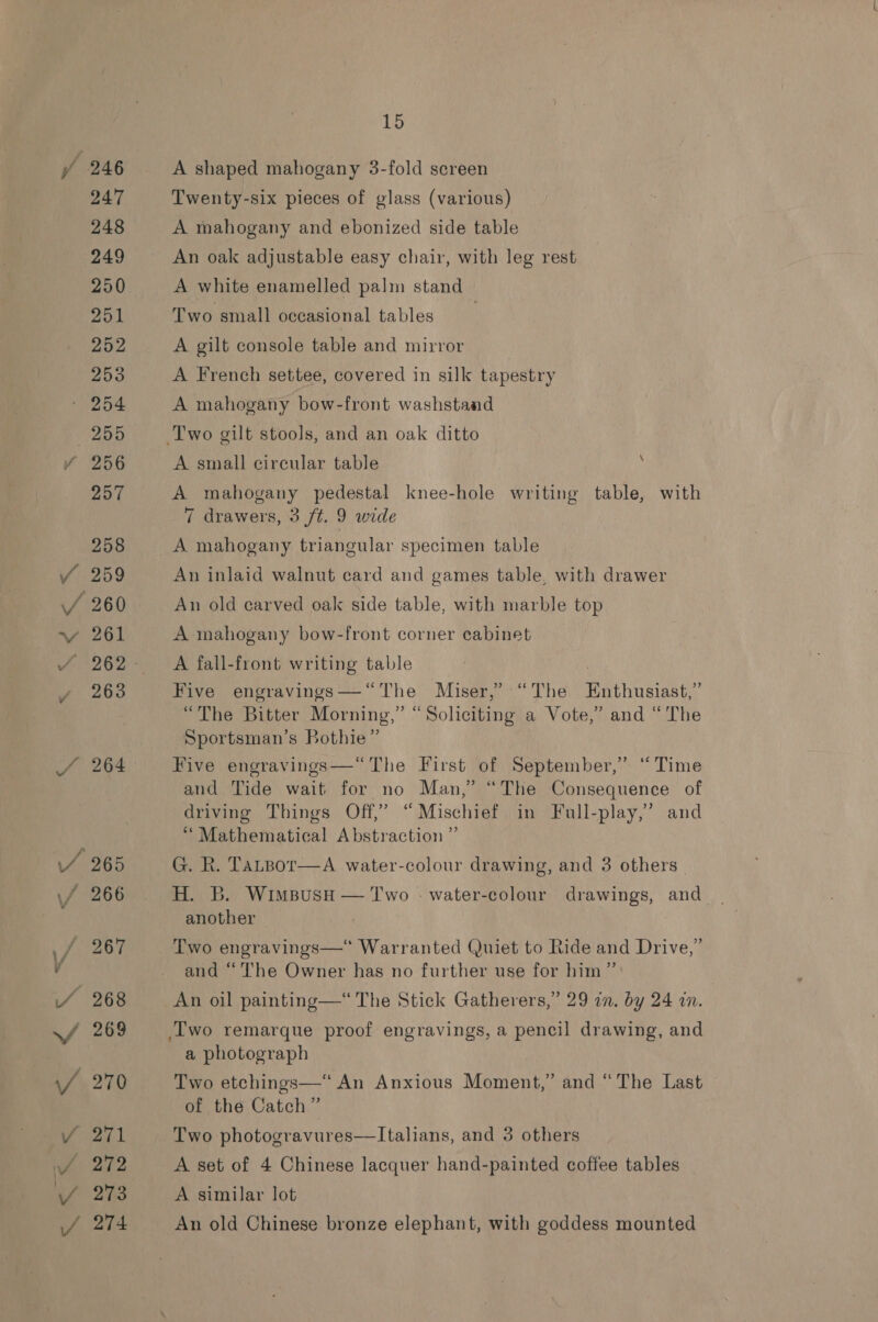 271 eee UV 273 15 A shaped mahogany 3-fold screen Twenty-six pieces of glass (various) A mahogany and ebonized side table An oak adjustable easy chair, with leg rest A white enamelled palm stand Two small occasional tables A gilt console table and mirror A French settee, covered in silk tapestry A mahogany bow-front washstand A small circular table : A mahogany pedestal knee-hole writing table, with 7 drawers, 3 ft. 9 wide A mahogany triangular specimen table An inlaid walnut card and games table, with drawer An old carved oak side table, with marble top A mahogany bow-front corner cabinet A fall-front writing table Five engravings—“The Miser,” “The Rethusiee “The Bitter Morning,” “Soliciting a Vote,” and “The Sportsman’s Bothie ” Five engravings—“The First of September,” “Time and Tide wait for no Man,’ “The Consequence of driving Things Off,’ “Mischief in Full-play,’ and “ Mathematical Abstraction ” G. R. Tatpor—A water-colour drawing, and 3 others | H. B. WimspusH — Two - water-colour drawings, and | another : Two engravings—* Warranted Quiet to Ride and Drive,” and “The Owner has no further use for him ” An oil painting—* The Stick Gatherers,” 29 in. by 24 an. a photograph Two etchings—* An Anxious Moment,” and “The Last of the Catch” Two photogravures—lItalians, and 3 others A set of 4 Chinese lacquer hand-painted coffee tables A similar lot An old Chinese bronze elephant, with goddess mounted