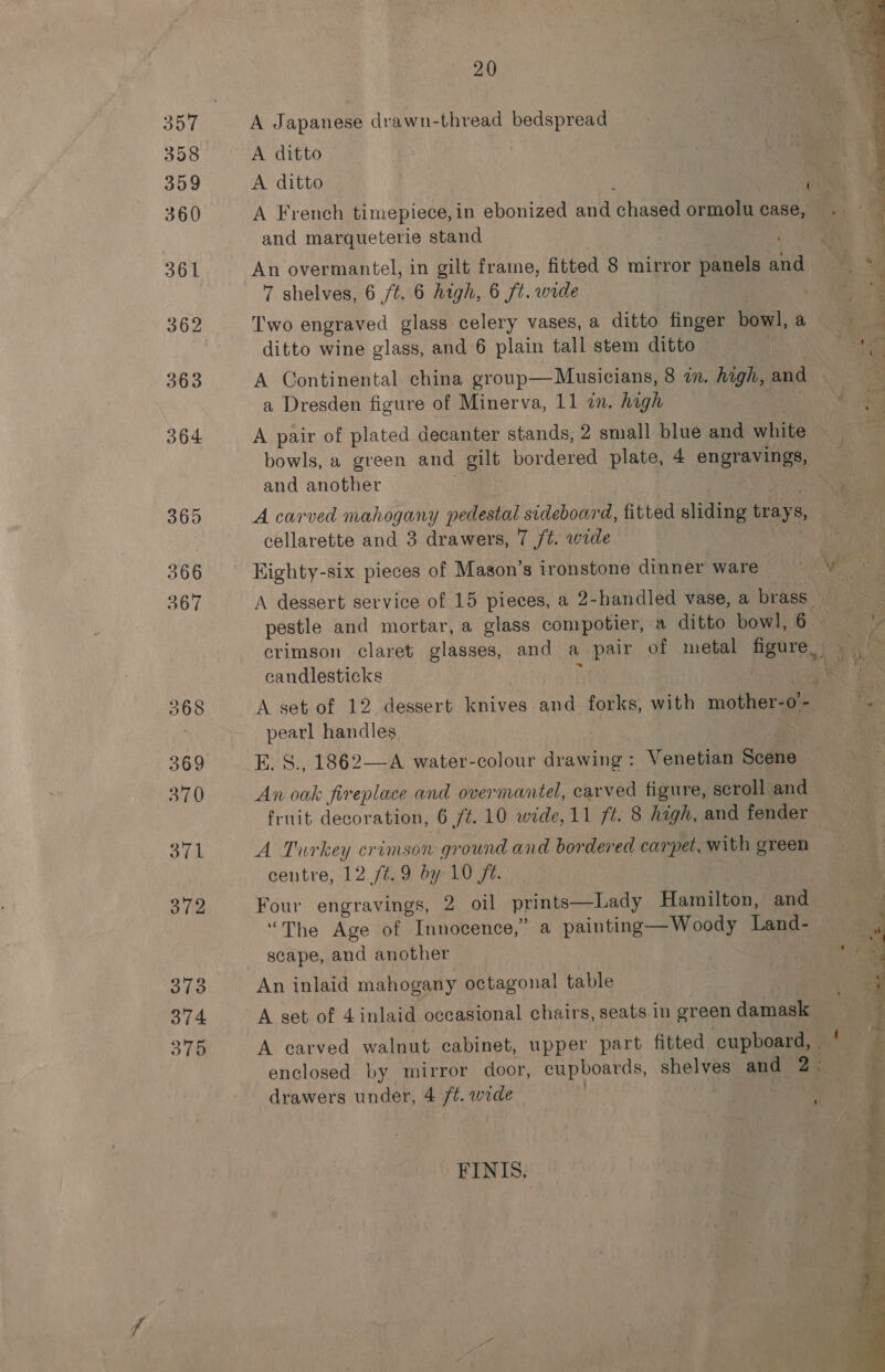 308 359 360 20 A Japanese drawn-thread bedspread A ditto ee | A ditto Bt . 4 A French timepiece, in ebonized and ‘chased ormolu case, — and marqueterie stand An overmantel, in gilt frame, fitted 8 mirror panels and 7 shelves, 6 ft. 6 high, 6 ft. wide Two engraved glass celery vases, a ditto finger bowl, a Ag  ditto wine glass, and 6 plain tall stem ditto — anh ON ae A Continental china group— Musicians, 8 in. high, and we < a Dresden figure of Minerva, 11 in. high | ee A pair of plated decanter stands, 2 small blue and white ora bowls, a green and gilt bordered plate, 4 engravings, ; and another ace A carved mahogany pedestal sideboard, fitted sliding ays ae, cellarette and 3 drawers, 7 ft. wide Eighty-six pieces of Mason’s ironstone dinner ware ah 40h ; A dessert service of 15 pieces, a 2-handled vase, a brass Sa pestle and mortar, a glass compotier, a ditto bowl, 6 Pye ee crimson claret glasses, and a pair of metal figure. ay nats candlesticks sy ‘ is A set of 12 dessert knives and forks, with mother- ae. ee peat handles 7 . a E. S., 1862—A water-colour drawing: Venetian Seetie An ie fireplace and overmantel, carved figure, scroll and fruit decoration, 6 /¢. 10 wide, 11 ft. 8 high, and fender A Turkey crimson ground and bordered carpet, with green centre, 12 /¢.9 by 10 ft. ‘ae. Four engravings, 2 oil prints—Lady Hamilton, anid ea “The Age of Innocence,” a painting— Woody Land- ol scape, and another | : An inlaid mahogany octagonal table A set of 4inlaid occasional chairs, seats.in green damask A carved walnut cabinet, upper part fitted cupboard, . enclosed by mirror door, cupboards, shelves and 2+ drawers under, 4 f¢. wide . a FINIS. 