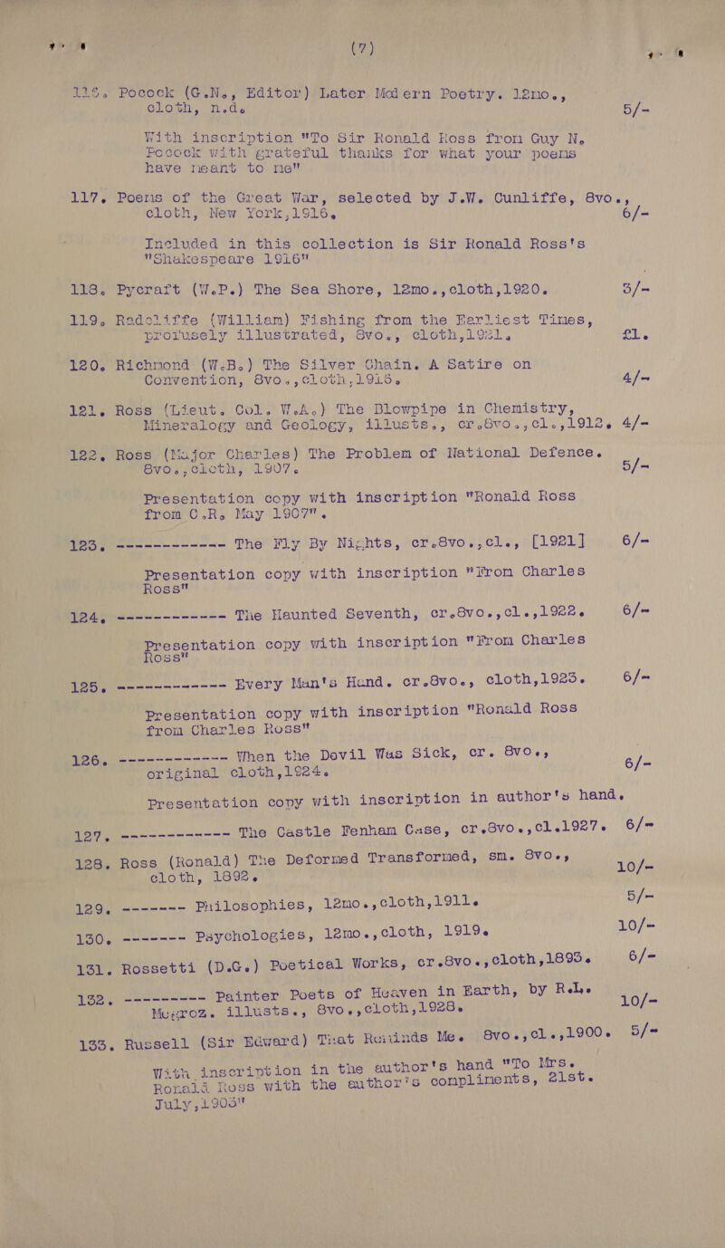 4 | | (7) 116, Pocock (G.N,, Editor) Later Moiern Poetry. 12£no., cloth, n.d. 5/- With inscription To Sir Ronald Ross from Guy N, Focock with grateful thanks for what your poens have meant to me” 117. Poens of the Great War, selected by J.W. Cunliffe, 8vo., cloth, New York,1916, 6/- Included in this collection is Sir HKonald Ross's Shakespeare 1916 118. Pycrart (W.P.) The Sea Shore, 12mo.,cloth,1920. 3/- 119, Radcliffe (William) Fishing from the Farliest Times, profusely illustrated, 8vo., cloth,192l, £1. 120, Richnond (W.B.) The Silver Chain. A Satire on Convention, 8vo.,cloth,1915. 4/— 121. Ross (Lieut. Col. WA.) The Blowpipe in Chemistry, Mineralogy and Geology, illusts., cr.Gvo.,cl.,1912. 4/- 122. Ross (Major Charles) The Problem of National Defence. 8vo.,clcoth, 1907. | 5/- Presentation copy with inscription Ronald hoss from C.R. May 1907. 6) onl atlas The Fly By Nights, cr.8vo.,cl., [1921] 6/- Presentation copy with inscription “From Charles Ross 124, ------------ Tne Haunted Seventh, cr.8vo.,cl.,1922. 6/~ aa copy with inscription From Charles 125. ------- .---- Every Man's Hand. cr.8vo., cloth,1925. 6/= Presentation copy with inscription Ronald Ross from Charles Ross ee ot aeteadeadaa aaa Yhen the Devil Was Sick, cr. 8vO., original cloth,1924. 6/- Presentation copy with inscription in author's hand, 127. &lt;----------- The Castle Fenham Case, cr,.Svo.,cl.1927. 6/= 128. Ross (Ronald) Tne Deformed Transformed, sm. BVOe, cloth, 1892, 10/- 129. ------- Philosophies, 12mo.,cloth,1911l. 5/- 10/- a Psychologies, 12mo0.,cloth, 1919. 131. Rossetti (D.G.) Poetical Works, er.8vo., cloth, 1893. 6/- 10/- Bvo.,cl.,1900. S/@ With inscription in the author's hand To Mrs. Ronald Ross with the aythor‘’s compliments, 21st. July, 1905