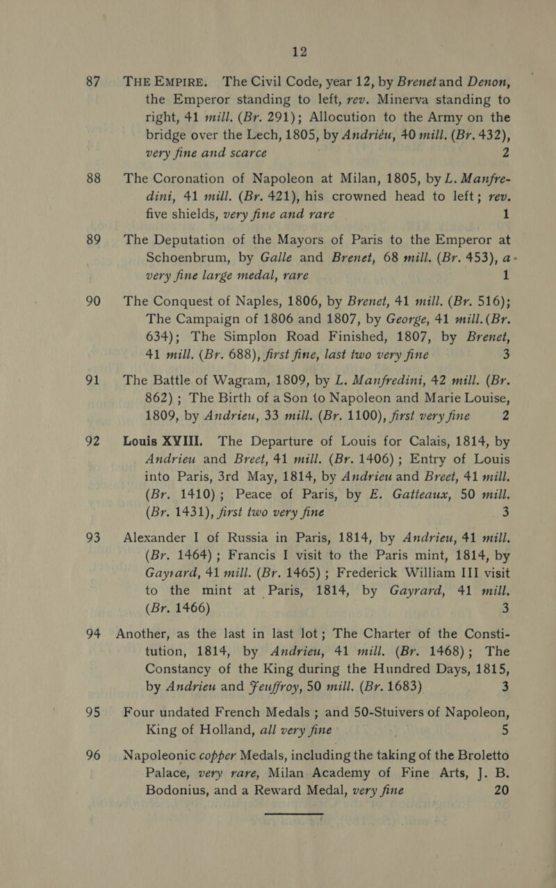 87 88 89 90 91 92 93 94 95 96 12 THE EMPIRE. ‘The Civil Code, year 12, by Brenetand Denon, the Emperor standing to left, rev. Minerva standing to right, 41 mill. (Br. 291); Allocution to the Army on the bridge over the Lech, 1805, yey Andriéu, 40 mill. (Br. 432), very fine and scarce 2 The Coronation of Napoleon at Milan, 1805, by L. Manfre- dini, 41 mill. (Br. 421), his crowned head to left; rev. five shields, very fine and rare 1 The Deputation of the Mayors of Paris to the Emperor at Schoenbrum, by Galle and Brenet, 68 mill. (Br. 453), a- very fine large medal, rare 1 The Conquest of Naples, 1806, by Brenet, 41 mill. (Br. 516); The Campaign of 1806 and 1807, by George, 41 mill.(Br. 634); The Simplon Road Finished, 1807, by Brenet, 41 mill. (Br. 688), first fine, last two very fine hd The Battle of Wagram, 1809, by L. Manfredini, 42 mull. (Br. 862); The Birth of aSon to Napoleon and Marie Louise, 1809, by Andrieu, 33 mill. (Br. 1100), first very fine Z Louis XVIII. The Departure of Louis for Calais, 1814, by Andrieu and Breet, 41 mill. (Br. 1406); Entry of Louis into Paris, 3rd May, 1814, by Andrieu and Breet, 41 mill. (Br. 1410); Peace of Paris, by E. Gatteaux, 50 mill. (Br. 1431), first two very fine 3 Alexander I of Russia in Paris, 1814, by Andrieu, 41 mill. (Br. 1464); Francis I visit to the Paris mint, 1814, by Gayrard, 41 mill. (Br. 1465) ; Frederick William III visit to the mint at Paris, 1814, by Gayrard, 41 mill. (Br. 1466) 3 Another, as the last in last lot; The Charter of the Consti- tution, 1814, by Andrieu, 41 mill. (Br. 1468); The Constancy of the King during the Hundred Days, 1815, by Andrieu and Feuffroy, 50 mill. (Br. 1683) a Four undated French Medals ; and 50- Stuivers of Napoleon, King of Holland, all very fine | 5 Napoleonic copper Medals, including the taking of the Broletto Palace, very rare, Milan Academy of Fine Arts, J. B. Bodonius, and a Reward Medal, very fine 20