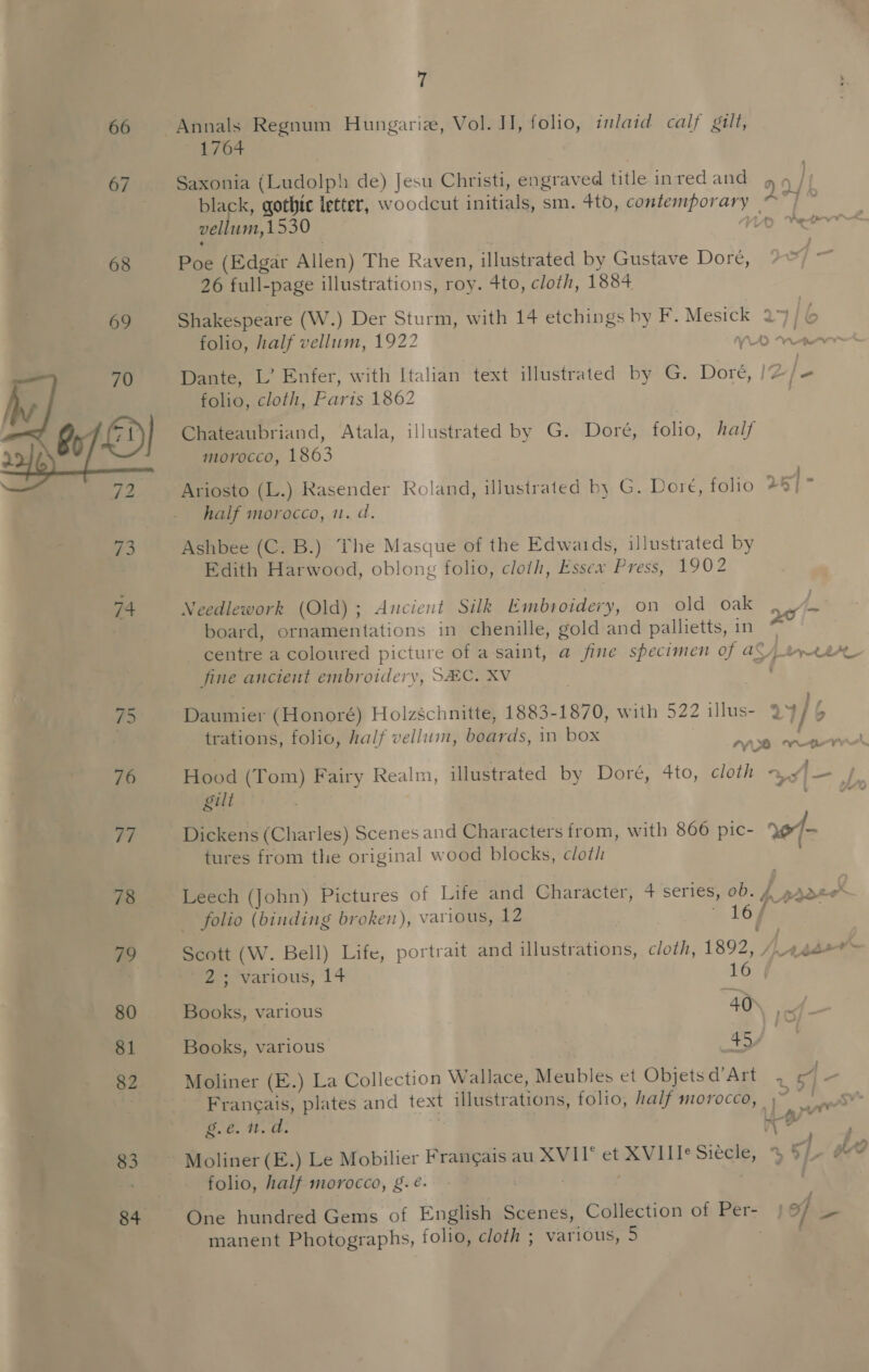 66  83 84 7 Annals Regnum Hungariz, Vol. JI, folio, inlaid calf gilt, 1764 Saxonia (Ludolph de) Jesu Christi, engraved title inred and 09 } black, gothic letter, woodcut initials, sm. 4t0, contemporary © és vellum,1530 Wo Veo Poe (Edgar Allen) The Raven, illustrated by Gustave Dore, 7~ 26 full-page illustrations, roy. 4to, cloth, 1884 Shakespeare (W.) Der Sturm, with 14 etchings by F. Mesick 2°) folio, half vellum, 1922 a Dante, L’ Enfer, with Italian text illustrated by G. Dore, /@/- folio, cloth, Paris 1862 | Chateaubriand, Atala, illustrated by G. Doré, folio, half morocco, 1863 Ariosto (L.) Rasender Roland, illustrated by G. Dore, folio #5; half morocco, 1. ad. Ashbee (C. B.) The Masque of the Edwards, illustrated by Edith Harwood, oblong folio, cloth, Essex Press, 1902 ¥ J “Y Needlework (Old); Ancient Silk Embroidery, on old oak board, ornamentations in chenille, gold and pallietts, itt centre a coloured picture of a saint, a fine specimen of AL) tyrterr fine ancient embroidery, S#C. XV 2 Daumier (Honoré) Holzschnitte, 1883-1870, with 522 illus- 9 1] aA trations, folio, half vellum, boards, in box . ; { a Ww nl &gt; . ry) rete Hood (Tom) Fairy Realm, illustrated by Dore, 4to, cloth +5 ty gilt | ea Dickens (Charles) Scenes and Characters from, with 866 pic- »o1- tures from the original wood blocks, cloth Leech (John) Pictures of Life and Gharacteér, 4 ‘series, ob. 4. paoee* folio (binding broken), various, 12 16) Scott (W. Bell) Life, portrait and illustrations, cloth, 1892, / yy ~ myarious, 14 16 Books, various 40 ‘&lt; Books, various e) ; Moliner (E.) La Collection Wallace, Meubles et Objetsd@’Art_ . ¢/ = Francais, plates and text illustrations, folio, half morocco, \~ — ee. 1.2. | mal folio, half morocco, g.é. . One hundred Gems of English Scenes, Collection of Per- of -