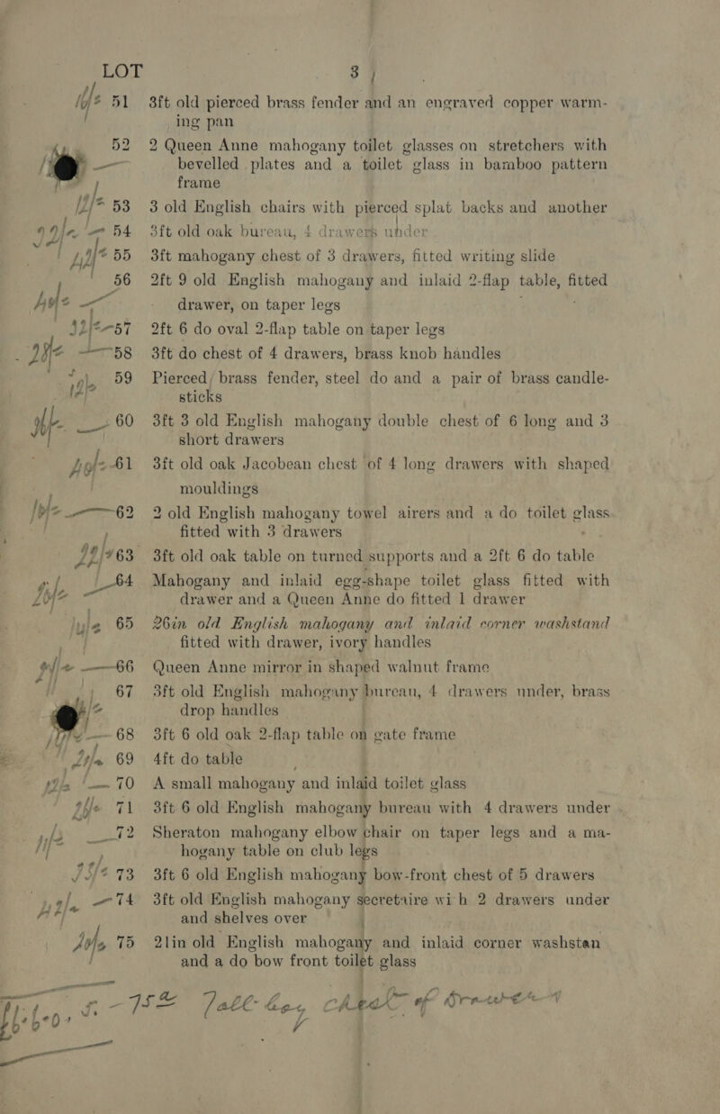 3] 3ft old pierced brass fender and an engraved copper warm- Ing pan 2 Queen Anne mahogany toilet glasses on stretchers with bevelled plates and a toilet glass in bamboo pattern frame 3 old English chairs with pierced pe backs and another 3ft old oak bureai f drawers At } 3ft mahogany Ree of 3 drawers, fitted writing slide 2ft 9 old English mahogany and inlaid 2-flap table, fitted drawer, on taper legs 2ft 6 do oval 2-flap table on taper legs 3ft do chest of 4 drawers, brass knob handles Pierced; brass fender, steel do and a pair of brass candle- sticks 3ft 3 old English mahogany double chest of 6 long and 3 short drawers 3ft old oak Jacobean chest of 4 long drawers with shaped mouldings 2 old English mahogany towel airers and a do toilet glass fitted with 3 drawers 3ft old oak table on turned supports and a 2ft 6 do table Mahogany and _ inlaid egg-shape toilet glass fitted with drawer and a Queen Anne do fitted 1 drawer ye 65 26in old English mahogany and inlaid corner washstand fitted with drawer, ivory handles */« ——66 Queen Anne mirror in shaped walnut frame - if : s i / 67 3ft old English mahogany bureau, 4 drawers under, brass e drop handles ire 68 3ft 6 old oak 2-flap table on gate frame Mg i F i = 2 ; | bbe 69 4ft do table ‘iis ‘——70 A small mahogany and inlaid toilet glass thle 71 3ft 6 old English mahogany bureau with 4 drawers under ols Lone 72 Sheraton mahogany elbow chair on taper legs and a ma- A ec hogany table on club legs /°/* 73 3ft 6 old English mahogany bow-front chest of 5 drawers 1, rl 74 3ft old English mahogany secretaire wih 2 drawers under Ry and shelves over A jg 75 2lin old English mahogany and inlaid corner washstan and a do “bow front toilet glass ad i Pt A as 7S pace [atl , bes cheek “f ro) ne oh ital po*0°0” 4 en