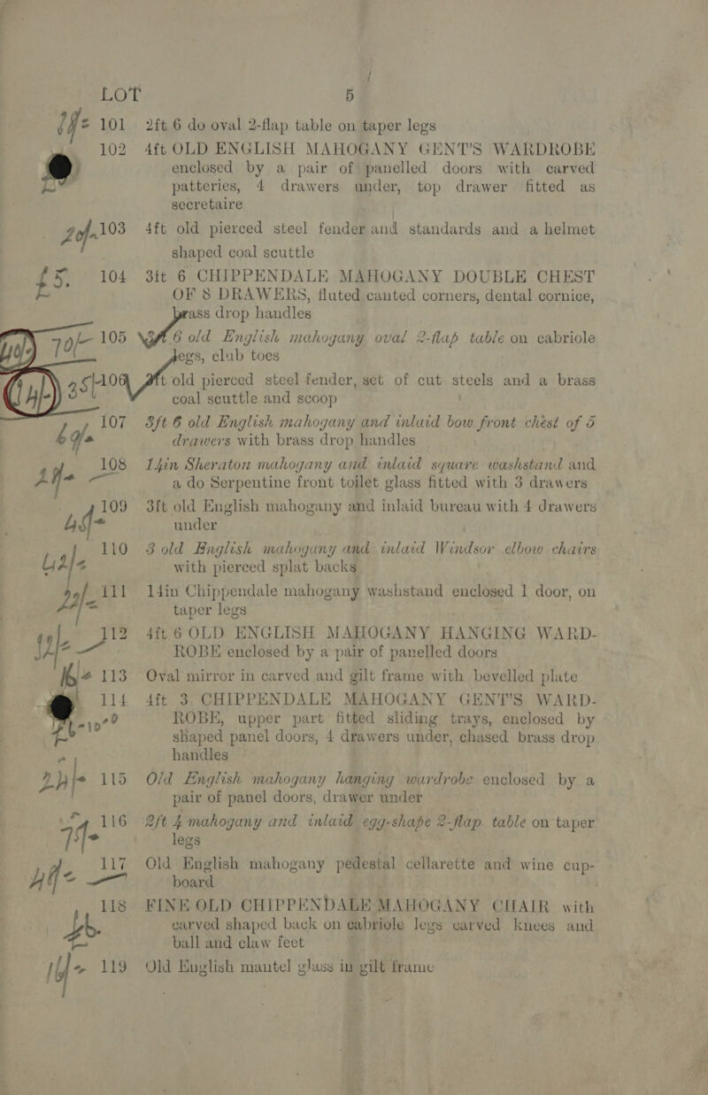 ; / LOT 5 iy 2 101 2ft 6 do oval 2-flap table on taper legs 102 4ft OLD ENGLISH MAHOGANY GENT’S WARDROBE - enclosed by a pair of panelled doors with carved patteries, 4 drawers under, top drawer fitted as secretaire Zofn103 4ft old pierced steel fender and standards and a helmet shaped coal scuttle $5. 104 3ft 6 CHIPPENDALE MAHOGANY DOUBLE CHEST OF 8 DRAWERS, fluted canted corners, dental cornice, ywrass drop handles 70/- 105 \8A.6 old English mahogany oval 2-flap table on cabriole egs, club toes so told pierced steel fender, set of cut steels and a brass coal scuttle and scoop 107 8ft 6 old English mahogany and inlatd bow front chest of 5 é + drawers with brass drop handles _  108 J4in Sheraton mahogany aud inlaid square washstand and Aye — a do Serpentine front toilet glass fitted with 3 drawers 109 3ft old English mahogany and inlaid bureau with 4 drawers oe under “110 Sold Brnglish mahogany and inlard Windsor elbow chairs Lyd * with pierced splat backs LY 111 14in Chippendale mahogany washstand enclosed I door, on 9 taper legs |, p12 4ft6 OLD ENGLISH MAHOGANY HANGING WARD- iy ae or ROBE enclosed by a pair of panelled doors Ib 113 Qval mirror in carved and gilt frame with bevelled plate / 114. 4ft 3. CHIPPENDALE MAHOGANY GENT’S WARD- nip? ROBE, upper part fitted sliding trays, enclosed by . shaped panel doors, 4 drawers under, chased brass drop ne handles 2h le Lic “Ore English mahogany hanging wardrobe enclosed by a pair of panel doors, drawer under 45 116 2/t 4 mahogany and inlard egg-shape 2-flap. table on taper ey a he legs 117 Old English mahogany pedestal cellarette and wine cup- H q ae board 118 FINE OLD CHIPPENDALE MAHOGANY CHAIR with He | carved shaped back on eabriole legs carved knees and ball and claw feet