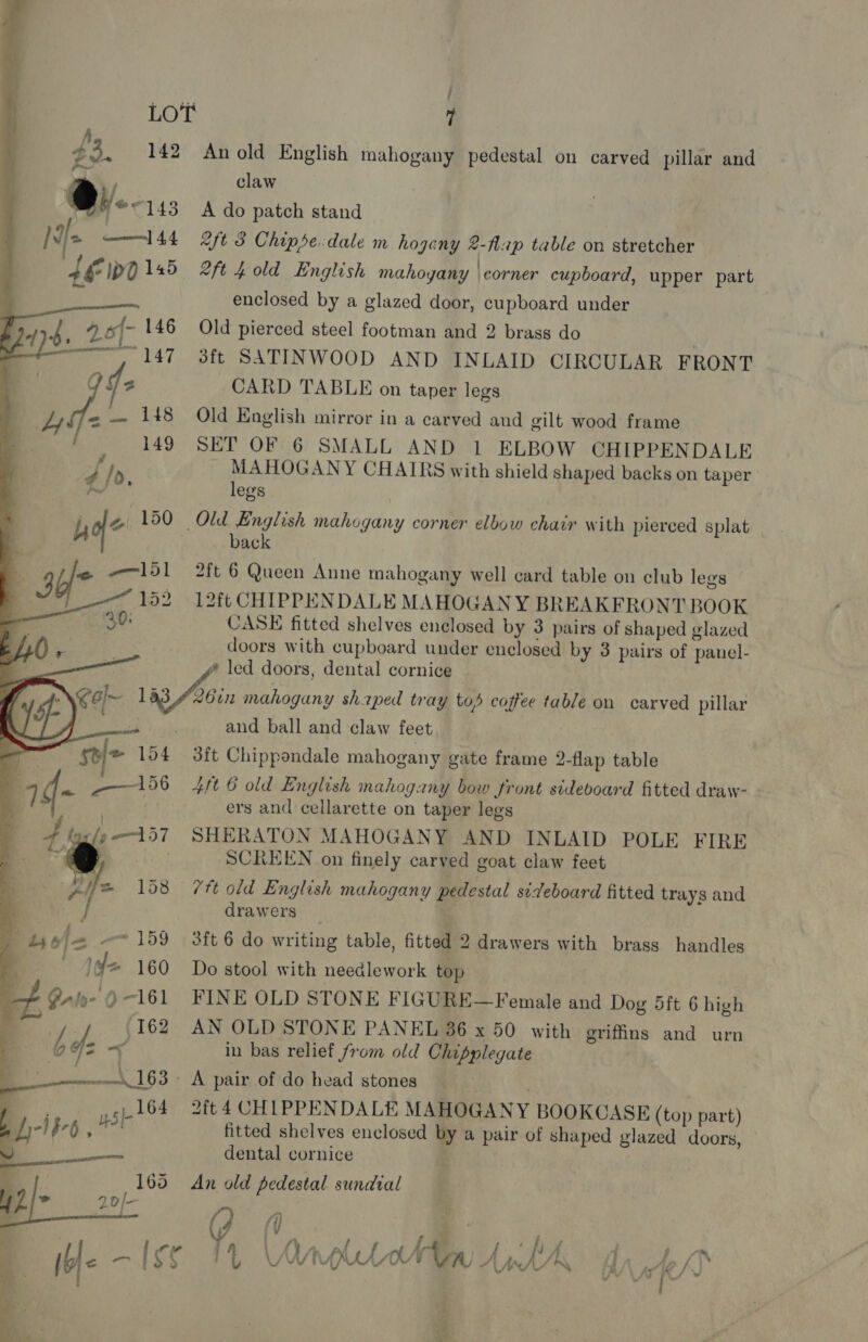 [Vie ——1 44        - cnr  pn ple 154 + 156 s j } DF gy iii : ahr: 7a uy} aa ; / B tyofe —- 159 e 1% 160 &gt; Prlo- 0-161 | ge 158     / U) An old English mahogany pedestal on carved pillar and claw A do patch stand aft 3 Chipse.dale m hogany 2-fap table on stretcher 2ft 4 old English mahogany | corner cupboard, upper part enclosed by a glazed door, cupboard under Old pierced steel footman and 2 brass do sft SATINWOOD AND INLAID CIRCULAR FRONT CARD TABLE on taper legs Old English mirror in a carved and gilt wood frame SET OF 6 SMALL AND 1 ELBOW CHIPPENDALE MAHOGANY CHAIRS with shield shaped backs on taper legs back 2ft 6 Queen Anne mahogany well card table on club legs 12ft CHIPPEN DALE MAHOGANY BREAKFRONT BOOK CASE fitted shelves enclosed by 3 pairs of shaped glazed doors with cupboard under enclosed by 3 pairs of panel- # led doors, dental cornice and ball and claw feet 3ft Chippendale mahogany gate frame 2-flap table 4ft 6 old English mahogany bow front sideboard fitted draw- ers and cellarette on taper legs SHERATON MAHOGANY AND INLAID POLE FIRE SCREEN on finely carved goat claw feet 7tt old English mahogany pedestal sideboard fitted trays and drawers sit 6 do writing table, fitted 2 drawers with brass handles Do stool with needlework top FINE OLD STONE FIGURE—Female and Dog 5ft 6 high AN OLD STONE PANEL 36 x 50 with griffins and urn in bas relief from old Chipplegate 2ft 4 CH1PPENDALE MAHOGANY BOOKGASE (top part) fitted shelves enclosed by a pair of shaped glazed doors, dental cornice R. An old pedestal sundial O) A eS Le , «hg j Bey - } : i4 te BA yy, WY y i A : pf em 1 WL AMAMYN BA Re /\) a&gt;