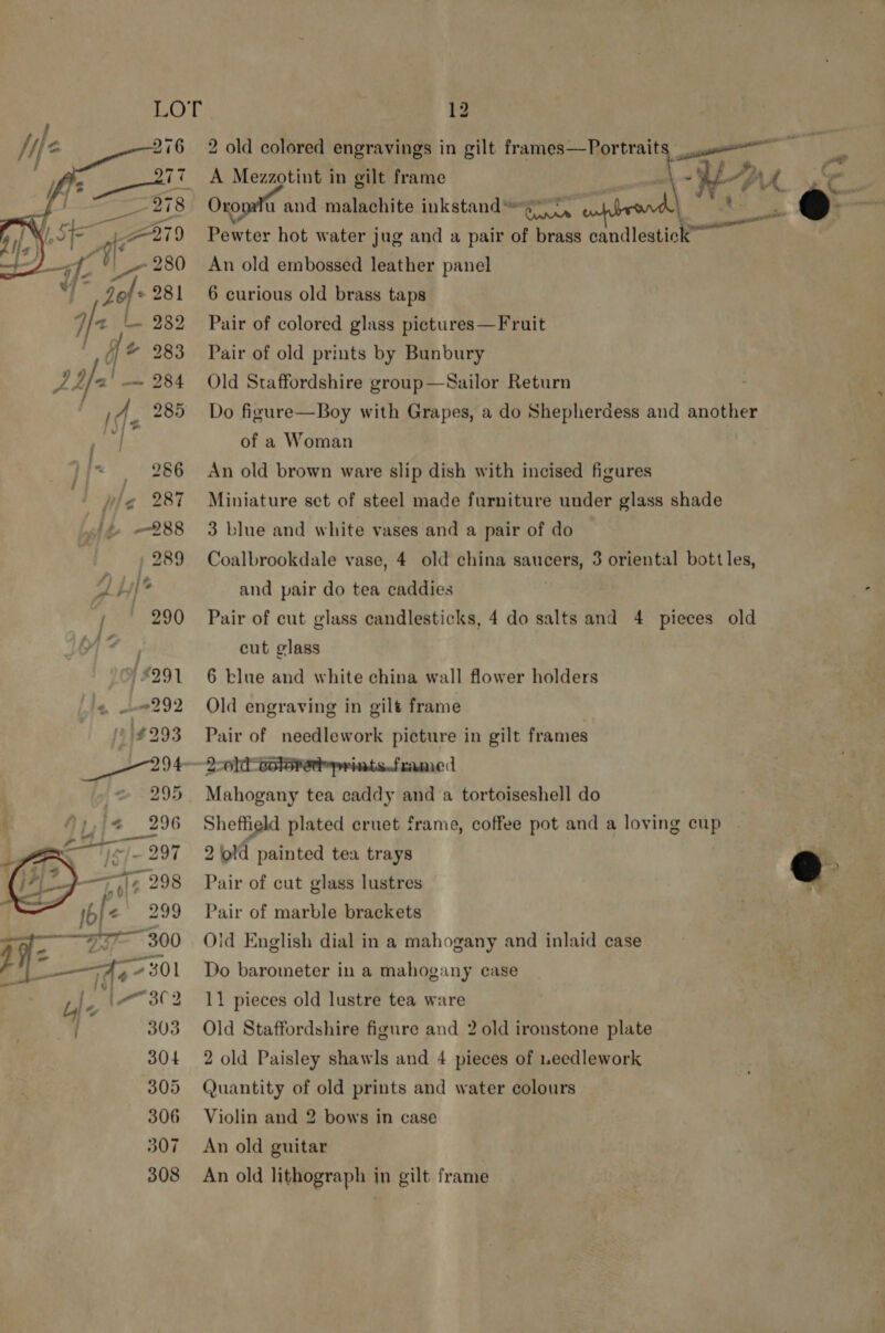 12 2 old colored engravings in gilt frames—Portraits som . A Mezzotint in gilt frame * WA - Oro u and malachite inkstand =e 7, \ ne @ Pewter hot water jug and a pair of brass candlestick An old embossed leather panel 6 curious old brass taps Pair of colored glass pictures —Fruit Pair of old prints by Bunbury Old Staffordshire group—Sailor Return Do figure—Boy with Grapes, a do Shepherdess and another of a Woman An old brown ware slip dish with incised figures Miniature set of steel made furniture under glass shade 3 blue and white vases and a pair of do Coalbrookdale vase, 4 old china saucers, 3 oriental bottles,  A by* and pair do tea caddies , | 290 Pair of cut glass candlesticks, 4 do salts and 4 pieces old vik ) cut glass #291 6 blue and white china wall flower holders « --@292 Old engraving in gilt frame £293 Pair of needlework picture in gilt frames 294 2-0 cotoretoprints.framed _® 295 Mahogany tea caddy and a tortoiseshell do Ap,j4 296 Sheffield plated eruet frame, coffee pot and a loving cup | 2 old painted tea trays ‘. Pair of cut glass lustres @ Pair of marble brackets The ow; FI 300 Old English dial in a mahogany and inlaid case ae 7301 Do barometer in a mahogany case ; 303 Old Staffordshire figure and 2 old ironstone plate 304 2 old Paisley shawls and 4 pieces of .eedlework 305 Quantity of old prints and water colours 306 Violin and 2 bows in case 307 An old guitar 308 An old lithograph in gilt frame 