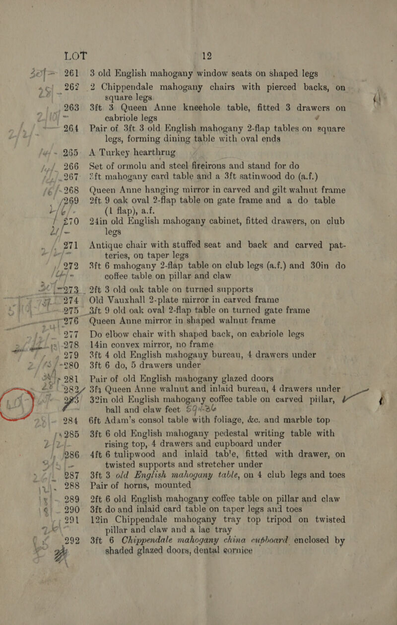 20|= 261 3 old English mahogany window seats on shaped legs «¢} 262 2 Chippendale mahogany chairs with pierced backs, on ee! ihe square legs (| may ee? 263 3ft 3 Queen Anne kneehole table, fitted 3 brag or on cabriole legs 264 Pair of 3ft 3 old English mahogany 2-flap tables on beste legs, forming dining table with oval ends - 265 A Turkey hearthrug y.,/ 266 Set of ormolu and steel fireirons and stand for do _ 267 2ft mahogany card table and a 3ft satinwood do (a.f.) ‘¢/&lt;268 Queen Anne hanging mirror in carved and gilt walnut frame [76° oft 9 oak oval 2 flap table on gate frame and a do table H/i¢ (1 flap), a.f. / pi 70 24in old English mahogany cabinet, fitted drawers, on club éf| - legs ! 271 Antique chair with stuffed seat and back and carved pat- 1 jug teries, on taper legs ) of2 3ft 6 mahogany 2 flap table on club legs (a.f.) and 30in do Of coffee table on pillar and claw yd 973 _ 2ft 3 old oak table on turned supports 7.274 Old Vauxhall 2-plate mirror in carved frame 275 _3ft 9 old oak oval 2-flap table on turned gate frame +976 Queen Anne mirror in shaped walnut frame _ 277 Do elbow chair with shaped back, on cabriole legs .92|-278 14in convex mirror, no frame - 279 ft 4 old English mahogany bureau, 4 drawers under “ (280 3ft 6 do, 5 drawers under oer 281 Pair of old English mahogany glazed doors - £282 3f Queen Anne walnut and inlaid bureau, 4 drawers under . ve ys 32in old English mahogany coffee table on carved piilar, ed ) ball and claw feet SHB 284 6ft Adam’s consol table with foliage, &amp;c. and marble top (4285 3ft 6 old English mahogany pedestal writing table with {2 rising top, 4 drawers and cupboard under’ 286 4ft 6 tulipwood and inlaid tab’e, fitted with drawer, on twisted supports and stretcher ‘under yRALS ~ bg7 3ft 3 o/d English mahogany table, on 4 club legs and toes “\y.|. 288 Pair of horns, mounted 'y ~ 289 2ft 6 old English mahogany coffee table on pillar and claw /¢ . 290° 3ft do and inlaid card table on taper legs and toes ~.-,291 12in Chippendale mahogany tray top tripod on twisted 1*\' pillar and claw and a lac tray 292 3ft 6 Chippendale mahogany china cupboard, enclosed by shaded glazed doors, dental gornice  Qr