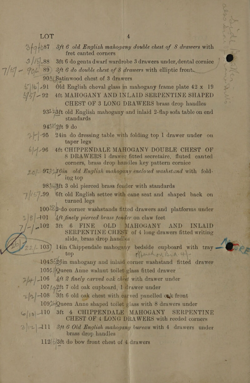 Of 4087 3ft 6 old English mahogany double chest of 8 drawers with fret canted corners \ aks 3}/ b) .88 3ft 6 do gents dwarf wardrobe 3 drawers under, dental cornice / 6 g 7/9 - % L 89 3ft 6 do double chest of § drawers with elliptic front az. = 3 — 90% (Satinwood chest of 3 drawers : {)I6| -91 Old English cheval glass in mahogany frame plate 42x 19 fF, /-92 4ft MAHOGANY AND INLAID SERPENTINE SHAPED CHEST OF 3 LONG DRAWERS brass drop handles 932: opt old English mahogany and inlaid 2-flap sofa table on end standards 944% 2ft 9 do +E] -95 24in do dressing table with folding top 1 drawer under on . taper legs 6/- 1/96 4ft CHIPPENDALE MAHOGANY DOUBLE CHEST OF 8 DRAWERS 1 drawer fitted secretaire, fluted canted corners, brass drop handles key pattern cornice 20}/- 97 Gin old English mahogany encloxed washstand with fold- ee : ing top : ; 98. SoS ft 3 old pierced brass fender with standards . whi /51.99 6ft old English settee with cane seat and shaped back on . “a 2 é. turned legs x (gat ee 100. B2-do corner washstands fittod drawers and platforms under : . % 401 4ft finely pierced brass fender on claw feet Te 3 1 7102 3ft 6 FINE OLD MAHOGANY AND _ INLAID i SERPENTINE CHEST of 4 long drawers fitted writing .  slide, brass drop handies gare 103} 14in Chippendale mahogany bedside cupboard with tray ©... top é- ww, A fi k: 4-\- 104a5hsin mahogany and inlaid corner washstand fitted drawer 1052 Queen Anne walnut toilet glass fitted drawer | a: aa /-106 4ft 2 finely carved oak chest with drawer under 107 fa pit 7 old oak cupboard, {Prawer under Ly |-108 3ft 6 old oak chest with carved panelled ogk front 1092+Queen Anne shaped toilet g lass with 8 drawers under p|-110 3ft 4 CHIPPENDALE MAHOGANY SERPENTINE tt CHEST OF 4 LONG DRAWERS with reeded corners | pr . All 3ft 6 Old English mahogany bureau with 4 drawers under brass drop handles 112/5/3ft do bow front chest of 4 drawers