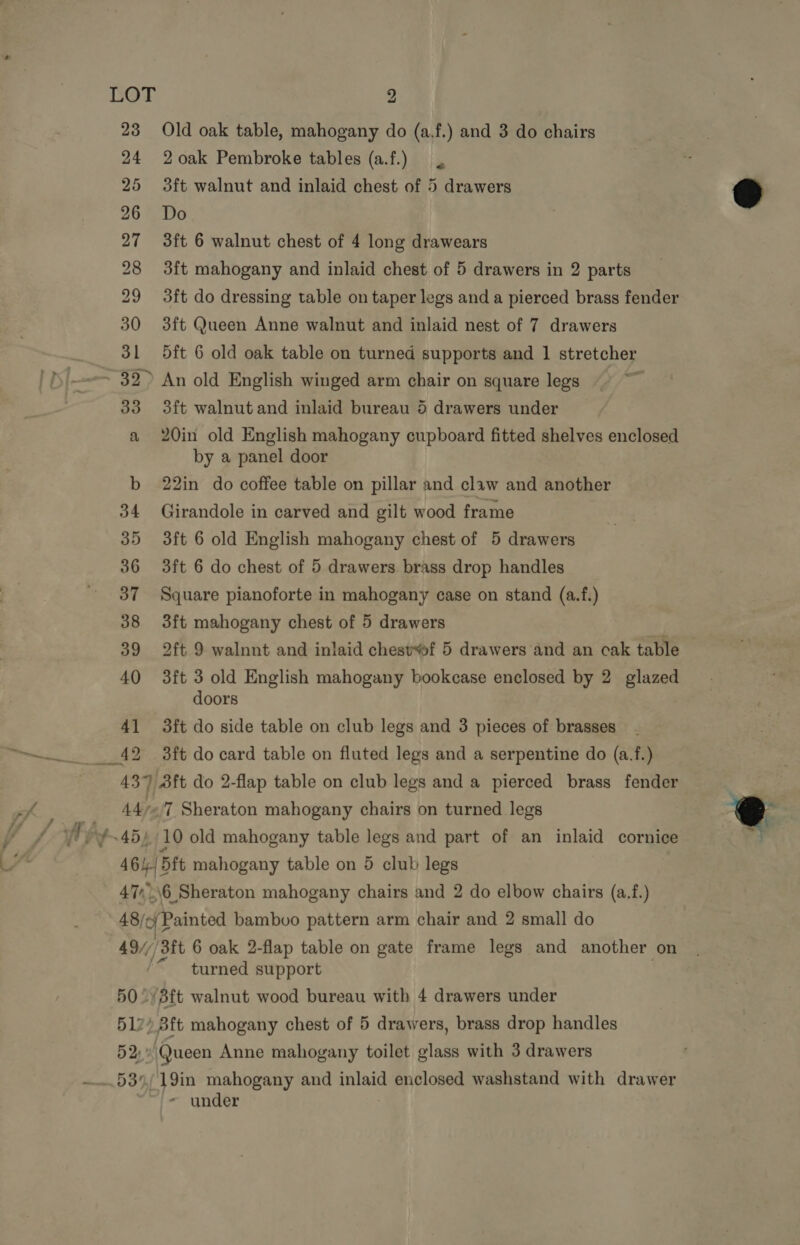 Old oak table, mahogany do (a.f.) and 3 do chairs 2 oak Pembroke tables (a.f.) 3ft walnut and inlaid chest of 5 drawers Do 3ft 6 walnut chest of 4 long drawears &lt; 3ft mahogany and inlaid chest of 5 drawers in 2 parts 3ft do dressing table on taper legs and a pierced brass fender 3ft Queen Anne walnut and inlaid nest of 7 drawers 5ft 6 old oak table on turned supports and 1 stretcher An old English winged arm chair on square legs ; 3ft walnut and inlaid bureau 5 drawers under 20in old English mahogany cupboard fitted shelves enclosed by a panel door 22in do coffee table on pillar and claw and another Girandole in carved and gilt wood frame 3ft 6 old English mahogany chest of 5 drawers 3ft 6 do chest of 5 drawers brass drop handles Square pianoforte in mahogany case on stand (a.f.) 3ft mahogany chest of 5 drawers 2ft 9 walnnt and inlaid chest#f 5 drawers and an cak table 3ft 3 old English mahogany bookcase enclosed by 2 glazed doors 3ft do side table on club legs and 3 pieces of brasses 3ft do card table on fluted legs and a serpentine do (a.f.) 10 old mahogany table legs and part of an inlaid cornice ‘6 Sheraton mahogany chairs and 2 do elbow chairs (a.f.) BQ 534, turned support Queen Anne mahogany toilet glass with 3 drawers 19in mahogany and inlaid enclosed washstand with drawer - under 