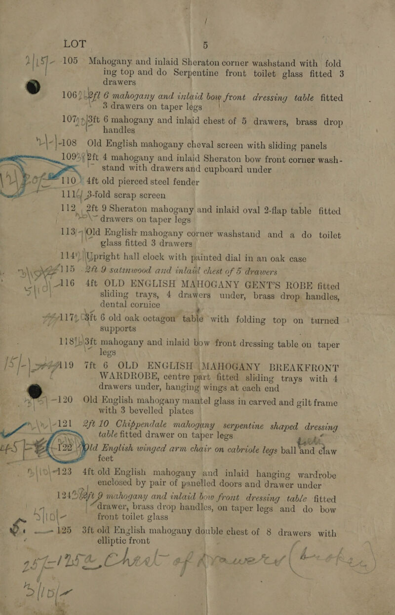 | 5] 105 Mahogany. and inlaid Sheraton corner washstand with fold ing top and do Serpentine front toilet glass fitted 3 ® drawers 106)L2f0 6 mahogany and inlaid om front dressing table fitted | ‘\ 8 drawers on taper legs oe tbe 6 mahogany and inlaid chest of 5 drawers, brass drop “1” handles |-|-108 Old English mahogany cheval screen with sliding panels 10949 Bf 4 mahogany and inlaid Sheraton bow front corner wash- &gt; stand with drawers and cupboard under 110 4ft old pierced steel fender 1114 3-fold serap screen 2 vi eft 9 Sheraton mahogany and inlaid oval 2-flap table fitted *°\~ drawers on taper legs 113/4\Old English mahogany corner washstand and a do toilet glass fitted 3 drawers    | 114) |\Ypright hall clock with painted dial in an oak case % \ + Aya 15 . 2 9 satinwood and inlaid chest of 5 drawers ; fais \\ 116 4ft OLD ENGLISH MAHOGANY GENT’S ROBE fitted S10}. sliding trays, 4 drawers under, brass drop. handles, _ dental cornice ‘ en LAALTY Bit 6 old oak octagon’ table with folding top on turned ‘supports : - 118)L\3tt mahogany and inlaid bow front dressing table on taper “legs [5}-\ peas 7ft 6 OLD ENGLISH MAHOGANY BREAKFRONT i f WARDROBE, centre part fitted sliding trays with 4 S drawers under, hanging wings at each end y=\~120 Old English mahogany mantel glass in carved and gilt frame (7A with 3 bevelled plates ; \n\4121 2ft 10 Chippendale mahogany serpentine shaped dressing Li \ pt ~, table fitted drawer on taper legs eA, ~15 Old English winged arm chair on cabriole legs ball and claw Sr feet n (iD) “123 4ft.old English mahogany and inlaid hanging wardrobe o, _, enclosed by pair of panelled doors and drawer under 12a g mahogany and inlaid bow front dressing table fitted “drawer, brass drop handles, on taper legs and do bow  | atl Ol- front toilet glass \ é. ~—- 125 3ft old English mahogany double chest of 8 drawers with é elliptic front , 9 . Dee i ER PY ’ f Aes A f prea Chiral ef RY¥awe'ty gee. Le f= Cea? nie j 1 ;