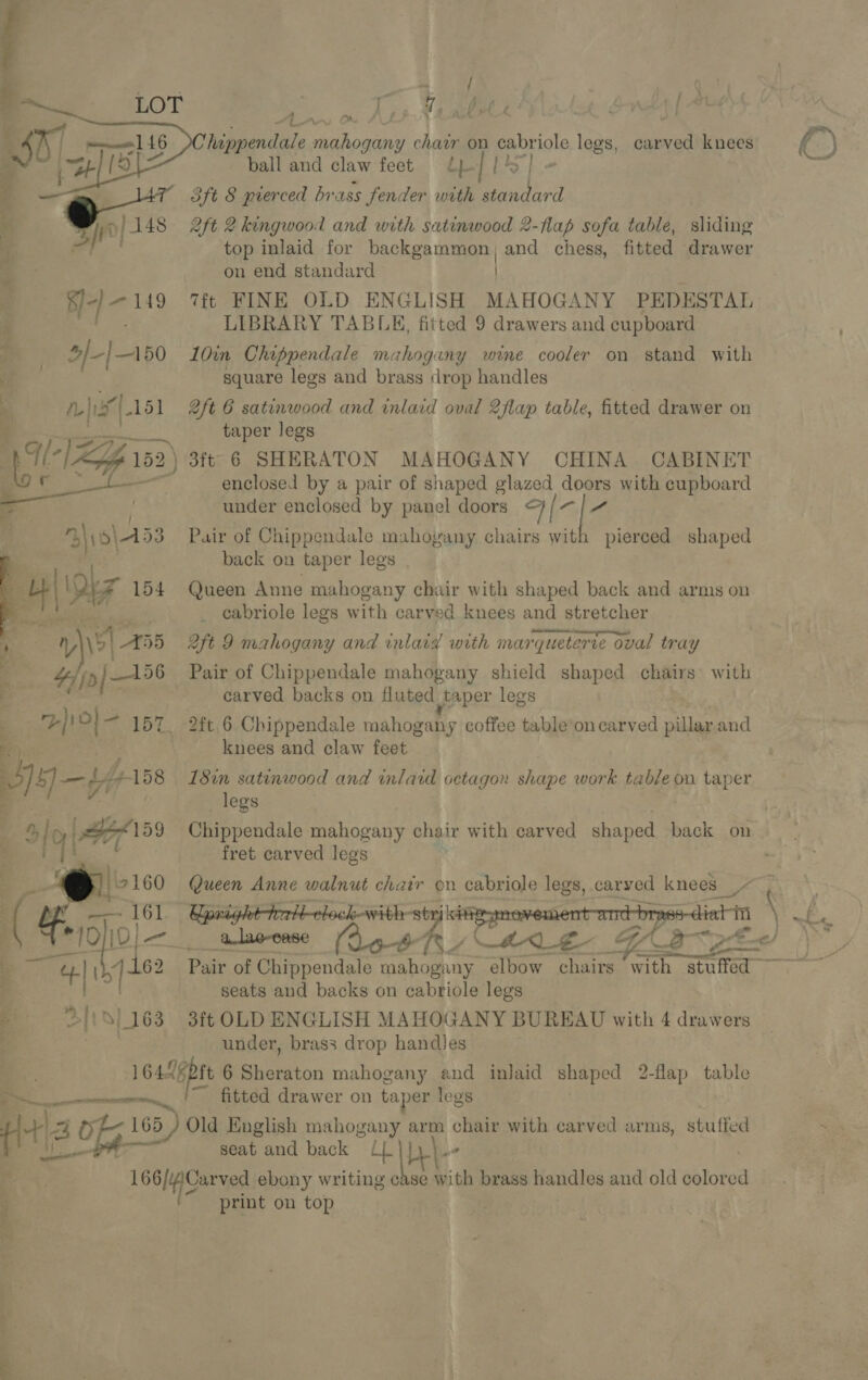  | \\o\A 53 ; 42 Oke 154 yl ADS H1jpj—4°6     A Sy Mike Pe 7 2 AA? . JS5 hippendale euAcaenl chair on eabriole legs, ball and claw feet LL] LS] - 3ft 8 pierced brass fender with standard 2ft 2 kingwood and with satinwood 2-flap sofa table, sliding top inlaid for backgammon, and chess, fitted drawer on end standard / 7it FINE OLD ENGLISH MAHOGANY PEDESTAL LIBRARY TABLE, fitted 9 drawers and cupboard L0in Chippendale mahogany wine cooler on stand with square legs and brass drop handles 2ft 6 satinwood and inlaid oval 2flap table, fitted drawer on taper legs carved knees ta ead enclosed by a pair of shaped glazed doors with cupboard under enclosed by panel doors a/- is Pair of Chippendale mahovany chairs with pierced shaped back on taper legs | Queen Anne mahogany chair with shaped back and arms on _ cabriole legs with carved knees and stretcher ; ; . . . eee came 2ft 9 mahogany and inlara with marqueterre oval tray Pair of Chippendale mahogany shield shaped chairs: with carved backs on fluted taper legs knees and claw feet 18in satinwood and inlaid octagon shape work table on taper legs Chippendale mahogany chair with carved shaped back on fret carved legs Queen Anne walnut chatr on cabriole legs, carved knees apt é . Upright-talt-elock-with- jtigymevementamdbrass-dialin \ ./ . ‘ A { P Pe a Se ety alae-ease PO ae Ee Gap! Pair of Chippendale mahogany élbow chairs with stuffed seats and backs on cabriole legs 3ft OLD ENGLISH MAHOGANY BUREAU with 4 drawers under, brass drop handles LEE ie ~ fitted drawer on taper legs seat and back sats print on top