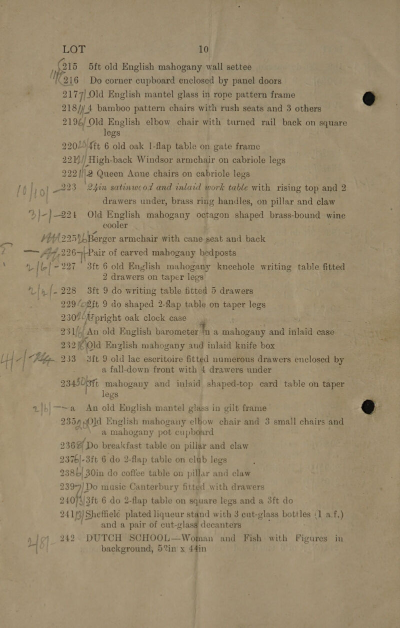 Tg) 10, ie? 5ft old English mahogany wall settee “216 Do corner cupboard enclosed by panel doors ' 217 7/ Old English mantel glass in rope pattern frame 218/) 4 bamboo pattern chairs with rush seats and 3 others 2196/ Old English elbow chair with turned rail back on square . legs. 2204 4ft 6 old oak |-flap table on gate frame 2214] High-back Windsor armchair on cabriole legs 222] i\2 Queen Anne chairs on cabriole legs I 6 I, 5} 223 ‘2hin satinweod and inlaid work table with rising top and 2 drawers under, brass ring handles, on pillar and claw })-} 224 Old English mahogany octagon shaped brass-bound wine | cooler htt A225 1 Berger armchair With cane seat and back Af, 2267 Pair of carved mahogany badposts [G} - 227 3ft 6 old English mahogany kneehole writing table fitted 2 drawers on taper legs lf. 228 3ft 9 do writing table fitted 5 drawers | 229 o2ft 9 do shaped 2-flap table on taper legs 230% ‘Mpright oak clock case 23 1/6 ‘An old English beramécain a mahogany and inlaid case 232 old English mahogany and inlaid knife box a fall-down front with 4 drawers under legs 1/b,-~a An old English mantel glass in gilt frame 2354 AOld English mahogany elbow chair and 3 small chairs and a mahogany pot cupboard 2362 Do breakfast table on pillar and claw 2376|-3ft 6 do 2-flap table on club legs 2386! 30in do coffee table on pillar and claw 2397/4 Do music Canterbury fitted with drawers 240/5/3ft 6 do 2-flap table on square legs and a 3ft do and a pair of cut-glass decanters ) fej 242. DUTCH SCHOOL—Woman and Fish with Fipires in oa background, 5%in x 44in @