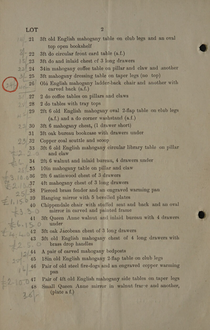 21 24 28 29 30 31 33 35 ‘oo 37 38 2 3ft old English mahogany table on club legs and an oval top open bookshelf 3ft do circular front card table (a.f.) 3ft do and inlaid chest cf 3 long drawers 84in mahogany coffee table on pillar and claw and another 3ft mahogany dressing table on taper legs (no top) Ola English mahogany ladder-back chair and another with carved back (a.f.) 2 do coffee tables on pillars and claws 2 do tables with tray tops 2ft 6 old English mahogany oval 2-flap table on club legs (a.f.) and a do corner washstand (a.f.) . 3ft 6 mahogany chest, (1 drawer short) 3ft oak bureau bookcase with drawers under Copper coal scuttle and scoop 3ft 6 old English mahogany circular library table on pillar and claw 2ft 6 walnut and inlaid bureau, 4 drawers under 10in mahogany table on pillar and claw 2ft 6 satinwood chest of 3 drawers 4ft mahogany chest of 3 long drawers Pierced brass fender and an engraved warming pan Hanging mirror with 5 bevelled plates Chippendale chair with stuffed seat and back and an oval mirror in carved and painted frame 3ft Queen Anne walnut and inlaid bureau with 4 drawers under 3ft oak Jacobean chest of 3 long drawers 3ft old English mahogany chest of 4 long drawers with brass drop handles A pair of carved mahogany bedposts 18in old English mahogany 2-flap table on club legs Pair of old steel fire-dogs and an engraved copper warming pan Pair of 4ft old English mahogany side tables on taper legs Small Queen Anne mirror in walnut frame and another, (plate a f.)  
