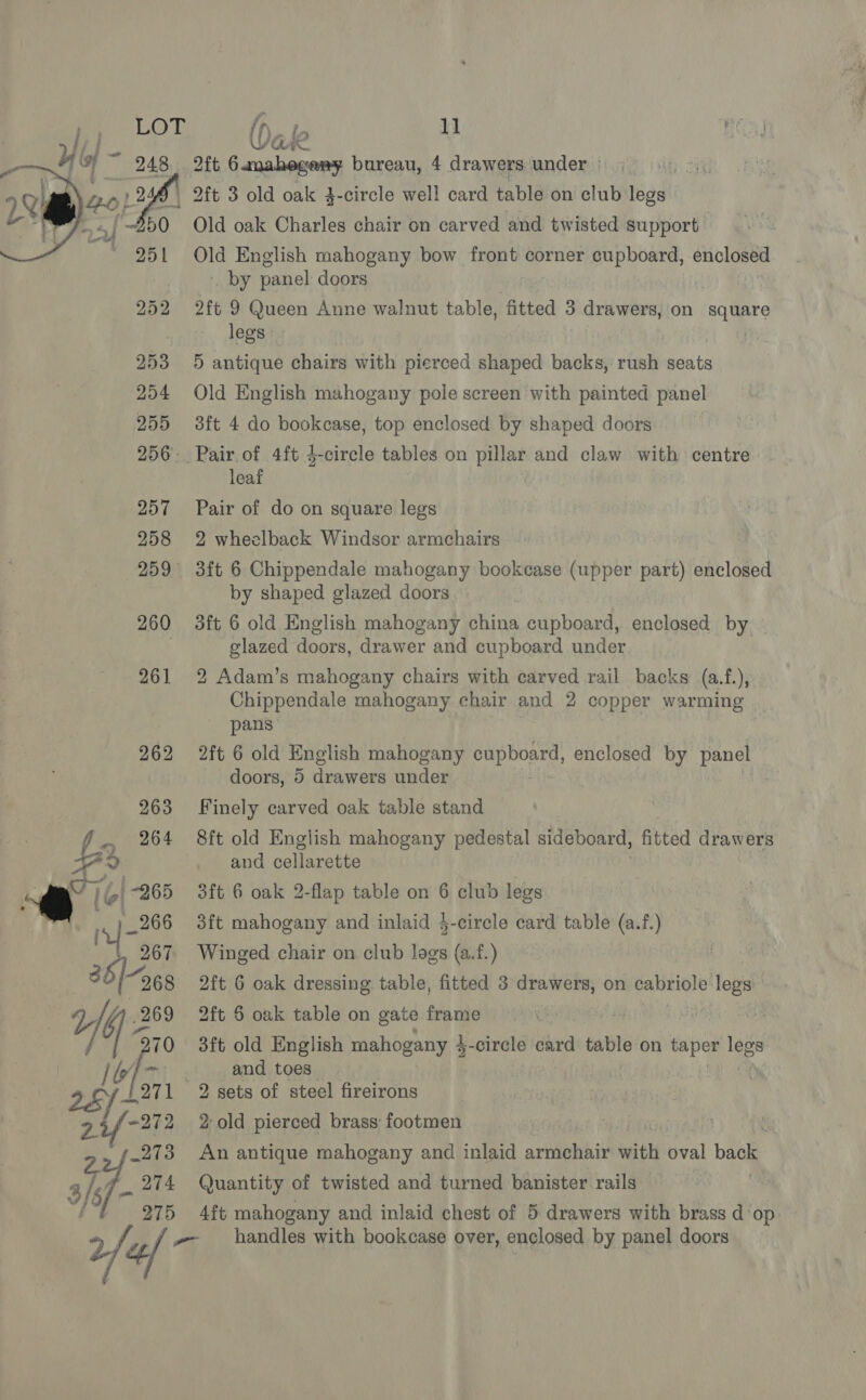 Vak 2ft 6 mahegery bureau, 4 drawers under » | 2ft 3 old oak 4-circle well card table on club legs Old oak Charles chair on carved and twisted support  Old English mahogany bow front corner cupboard, enclosed by panel doors 252 2ft 9 Queen Anne walnut table, fitted 3 drawers, on aquere legs 253 5 antique chairs with pierced shaped backs, rush seats 254 Old English mahogany pole screen with painted panel 255 38ft 4 do bookcase, top enclosed by shaped doors 256. Pair.of 4ft 4-circle tables on pillar and claw with centre leaf 257 Pair of do on square legs 258 2 wheelback Windsor armchairs - 259 3ft 6 Chippendale mahogany bookcase (upper part) enclosed by shaped glazed doors 260 3ft 6 old English mahogany china cupboard, enclosed by glazed doors, drawer and cupboard under 261 2 Adam’s mahogany chairs with carved rail backs (a.f.), Chippendale mahogany chair and 2 copper warming pans 262 2ft 6 old English mahogany cupboard, enclosed by panel doors, 5 drawers under 263 Finely carved oak table stand f - 264 8ft old English mahogany pedestal sideboard, fitted drawers a) and cellarette w ,,-265 3ft 6 oak 2-flap table on 6 club legs ro] 208 3ft mahogany and inlaid }-circle card table (a.f.) 267. Winged chair on club lags (a.f.) | 268 2ft 6 oak dressing table, fitted 3 drawers, on cabriole legs HY 269 2ft 5 oak table on gate frame . | fos. 3ft old English mahogany 4 4-circle card table on ih legs 2 LORIN and toes 3 9 hp 71 2 sets of steel fireirons , of -272 2old pierced brass: footmen .273 An antique mahogany and inlaid armchair seit oval babi 7- 274 Quantity of twisted and turned banister rails 275 4ft mahogany and inlaid chest of 5 drawers with brass d‘op 2 / 4 ‘| ~~ handles with bookcase over, enclosed by panel doors