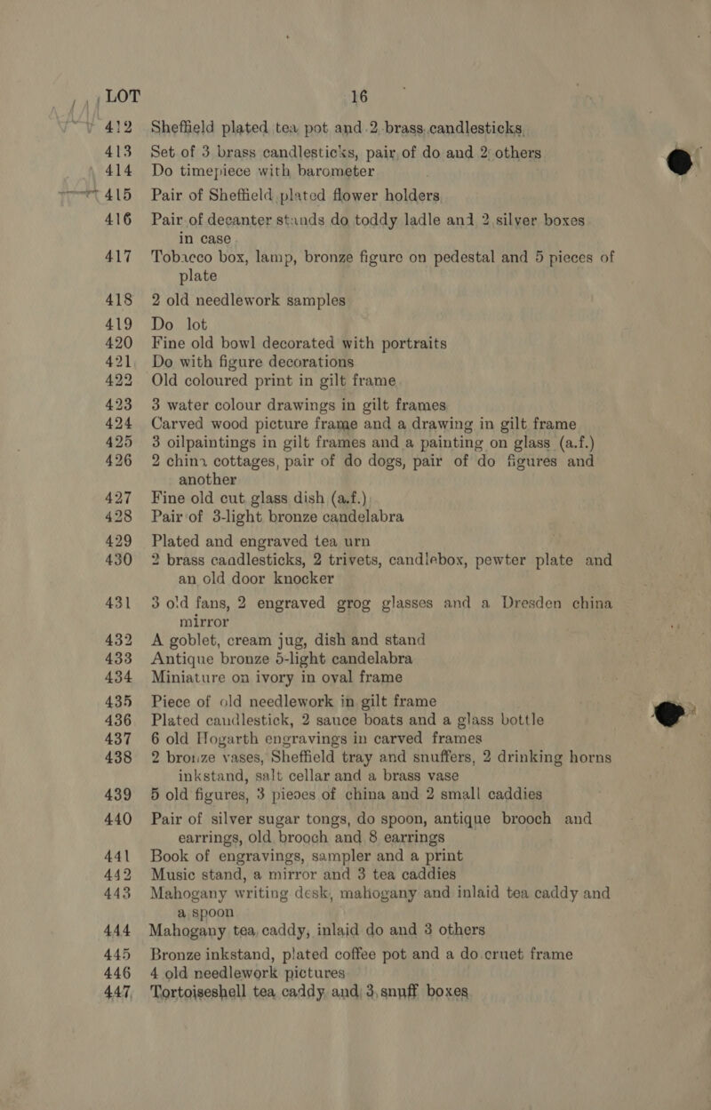 Sheffield plated tea pot and .2,brass..candlesticks, Set of 3 brass candlesticks, pair,of do and 2: others Do timepiece with barometer Pair of Sheffield plated flower holders. Pair of decanter stxnds do toddy ladle and 2 silver boxes in case Tobacco box, lamp, bronze figure on pedestal and 5 pieces of plate 2 old needlework samples Do lot Fine old bowl decorated with portraits Do with figure decorations Old coloured print in gilt frame 3 water colour drawings in gilt frames Carved wood picture frame and a drawing in gilt frame 3 oilpaintings in gilt frames and a painting on glass (a.f.) 2 chinx cottages, pair of do dogs, pair of do figures and another Fine old cut glass dish (a.f.) Pair of 3-light bronze candelabra Plated and engraved tea urn | 2 brass candlesticks, 2 trivets, candlebox, pewter plate and an old door knocker 3 old fans, 2 engraved grog glasses and a Dresden china mirror A goblet, cream jug, dish and stand Antique bronze 5-light candelabra Miniature on ivory in oval frame Piece of old needlework in gilt frame Plated candlestick, 2 sauce boats and a glass bottle 6 old Hogarth engravings in carved frames 2 bronze vases, Sheffield tray and snuffers, 2 drinking horns inkstand, salt cellar and a brass vase 5 old figures, 3 pieoes of china and 2 small caddies Pair of silver sugar tongs, do spoon, antique brooch and earrings, old brooch and 8 earrings Book of engravings, sampler and a print Music stand, a mirror and 3 tea caddies Mahogany writing desk, mahogany and inlaid tea caddy and a spoon Mahogany tea, caddy, inlaid do and 3 others Bronze inkstand, plated coffee pot and a do cruet frame 4 old needlework pictures Tortoiseshell tea caddy and; 3,snuff boxes  
