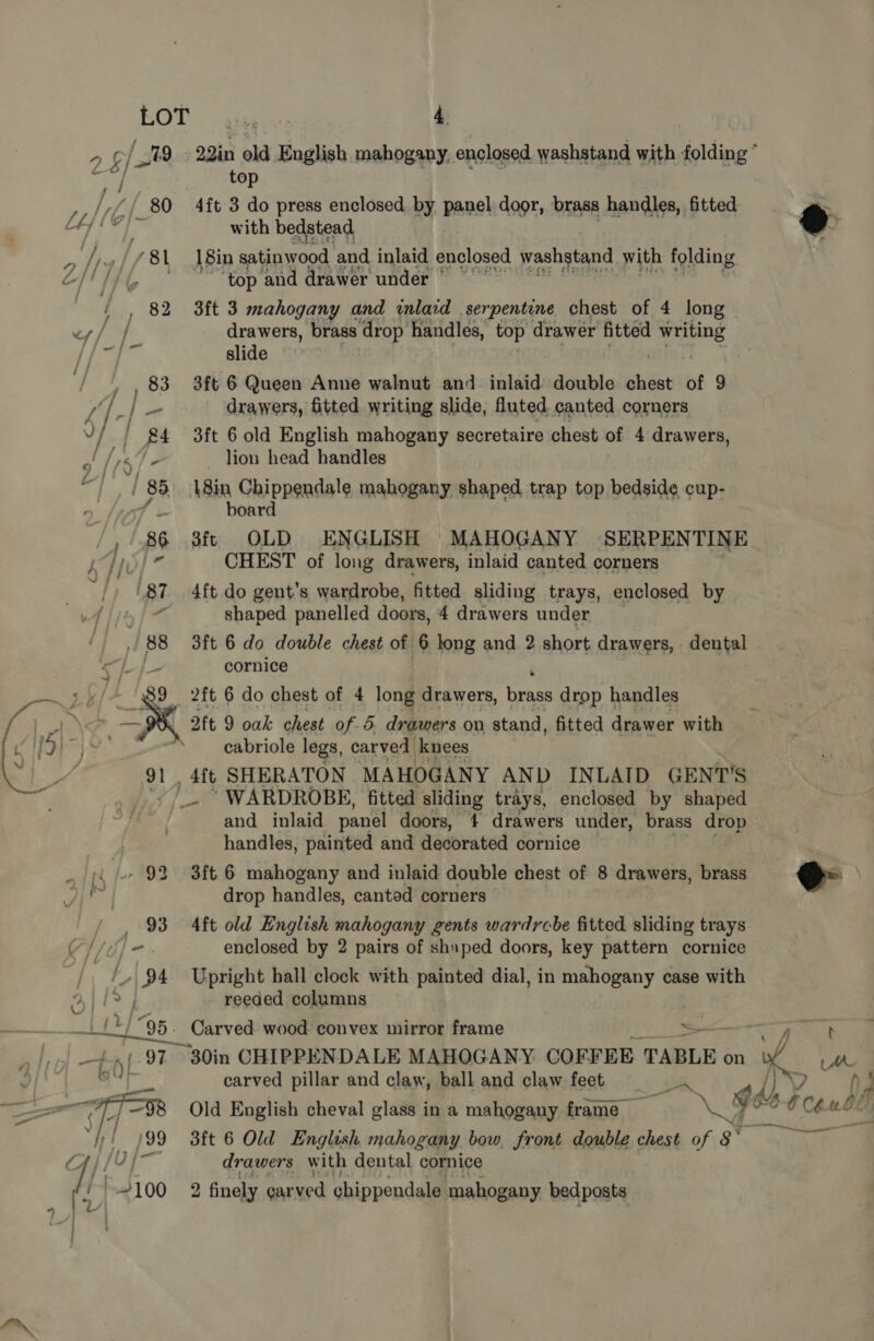 top _80 4ft 3 do press enclosed by panel door, brass handles, fitted with bedstead Pa /8i 18in satinwood and inlaid enclosed washstand with folding 'F “top and drawer under * * 82 3ft 3 mahogany and lard serpentine chest of 4 long e¢/ | drawers, brass. drop handles, top drawer fitted ene RAs jon slide | , 83 3ft 6 Queen Anne walnut and inlaid double chest of 9 Af / ~ drawers, fitted. writing slide, fluted canted corners v yf | £4 3ft 6 old English mahogany secretaire chest of 4 drawers, MY ke lion head handles / 85. 18in Chippendale mahogany shaped trap top bedside cup- , f . board /, 86 3f OLD ENGLISH MAHOGANY SERPENTINE Jio] 7 CHEST of long drawers, inlaid canted corners ‘87 4ft do gent’s wardrobe, fitted sliding trays, enclosed by rf “ shaped panelled doors, 4 drawers under 88 3ft 6 do double chest of 6 long and 2 short drawers, cents! vf-j— cornice wht , 2ft 6 do chest of 4 long drawers, ras drop handles pales 2ft 9 oak chest of 5 drawers on stand, fitted drawer with | ri) eae  cabriole legs, carved knees tS 24 Aft SHERATON MAHOGANY AND INLAID GENT'S Fi hy, 3 “WARDROBE, fitted sliding trays, enclosed by shaped — : and inlaid panel doors, 4 drawers under, brass drop | handles, painted and decorated cornice . ;{/~ 92 3ft 6 mahogany and inlaid double chest of 8 drawers, brass ae drop handles, canted corners 93 4ft old English mahogany gents wardrcbe fitted sliding trays Yj} /d] &lt; enclosed by 2 pairs of shnped doors, key pattern cornice / 94 Upright hall clock with painted dial, in mahogany case with K reeded columns - Lal4s. Carved. wood convex mirror frame &gt; ; —f-n{- 97 30in CHIPPENDALE MAHOGANY. COFFEE TABLE on k S pee foal carved pillar and claw, ball and claw feet oS bf = igs 7—98 Old English cheval glass in a mahogany frame — a Oy ets | 99 3ft 6 Old English mahogany bow, front double chest of 8° %i FI {| drawers with dental cornice fs )=100 2 finely gar ved chippendale mahogany bedposts