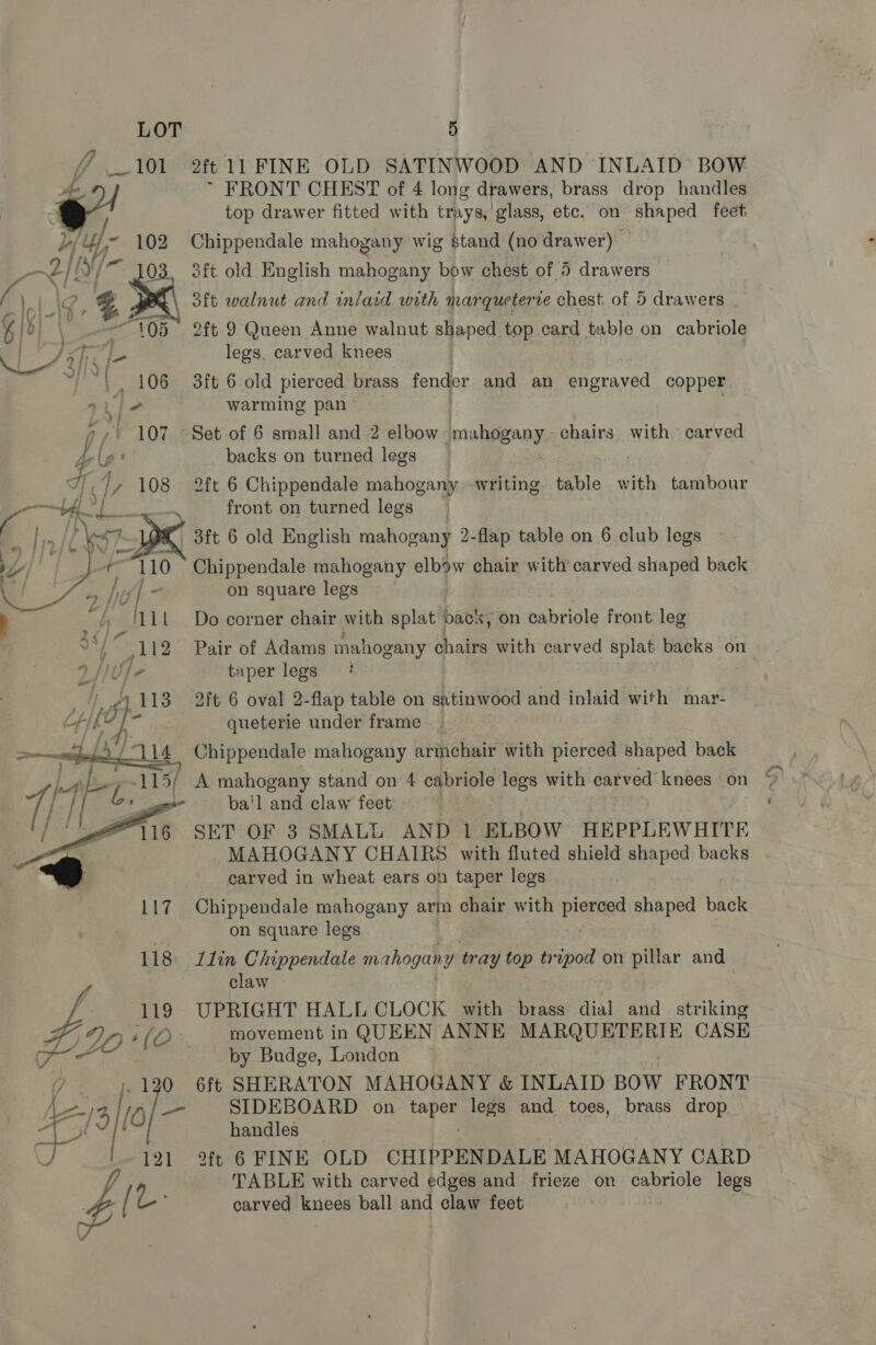 / 101 2ft 11 FINE OLD SATINWOOD AND INLAID BOW Ba ~ FRONT CHEST of 4 long drawers, brass drop handles oe top drawer fitted with trays,'glass, etc. on shaped feet Ly uf - 102 Chippendale mahogany wig Stand (no drawer) Bités j= 03. 3ft old English mahogany bow chest of 4 drawers ( LAG, g 3ft walnut and mnlaid with marqucterre chest. of 5 drawers jo} \ “105° 2ft 9 Queen Anne walnut shaped top card table on cabriole BAe So ed legs, carved knees ' |, 106 3ft 6 old pierced brass fender and an engraved copper ae ee warming pan - 7+ 107 ~Set of 6 small and 2 elbow ‘mahogany. chairs with carved A backs on turned legs 2ft 6 Chippendale mahogany writing table with tambour front on turned legs _ 3ft 6 old English mahogany 2-flap table on 6 club legs Chippendale mahogany elbow chair with carved shaped back on square legs Do corner chair with splat back, on cabriole front leg Pair of Adams mahogany chairs with carved splat backs on taper legs 2ft 6 oval 2-flap table on satinwood and ibaa with mar- queterie under frame -_ Chippendale mahogany armebair with pierced shaped back ba'l and claw feet SET OF 3 SMALL AND 1 ELBOW HEPPLEWHITE MAHOGANY CHAIRS with fluted shield shaped backs carved in wheat ears on taper legs  Chippendale mahogany arm chair with plored shaped back on square legs 118 ZLin Chippendale mahogany tr ay top tripod on pillar and claw ya ps 119 UPRIGHT HALL CLOCK with brass dial and_ striking ADD (O° movement in QUEEN ANNE peat Ct ee CASE i by Budge, London ~ .120 6ft SHERATON MAHOGANY &amp; INLAID BOW FRONT —_— SIDEBOARD on a legs and toes, brass drop handles eh I! v 121 2ft 6 FINE OLD CHIPPENDALE MAHOGANY CARD TABLE with carved edges and frieze on cabriole legs $ / CL carved knees ball and claw feet