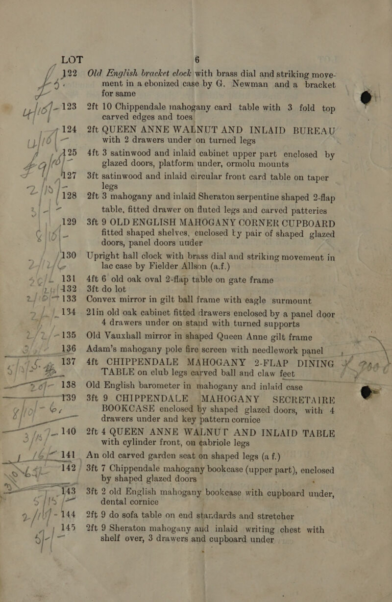 ff 322 Old English bracket elock with brass dial and striking moye- ment in a ebonized case by G. Newman and a_ bracket for same 2ft 10 Chippendale mahogany card table with 3 fold top carved edges and toes. 2ft QUEEN ANNE WALNUT AND INLAID BUREAU with 2 drawers under on turned legs 4ft 3 satinwood and inlaid cabinet upper part enclosed by glazed doors, platform under, ormolu mounts 3ft satinwood and inlaid circular front card table on taper legs 2ft 3 mahogany and inlaid Sheraton serpentine shaped 2-flap table, fitted drawer on fluted legs and carved patteries 3ft 9 OLD ENGLISH MAHOGANY CORNER CUPBOARD fitted shaped shelves, enclosed ty pair of shaped glazed doors, panel doors uuder Upright hall clock with brass dial and striking movement in lac case by Fielder Allson (a.f.) 4ft 6 old oak oval 2-flap table on gate frame 3ft do lot | Convex mirror in gilt ball frame with eagle surmount 21in old oak cabinet fitted drawers enclosed by a panel door 4 drawers under on stand with turned supports Old Vauxhall mirror in shaped Queen Anne gilt frame Adam’s mahogany pole fire screen with needlework panel TABLE on club legs carved ball and claw fect Old English barometer in mahogany and inlaid case BOOKCASE enclosed by shaped glazed doors, with 4 drawers under and key pattern cornice | 2ft 4 QUEEN ANNE WALNUT AND INLAID TABLE with cylinder front, on eabriole legs An old carved garden seat on shaped legs (a f.) by shaped glazed doors ‘ 3ft 2 old English mahogany bookcase with cupboard under, dental cornice 2ft 9 do sofa table on end standards and stretcher 2ft 9 Sheraton mahogany and inlaid writing chest with shelf over, 3 drawers and cupboard under