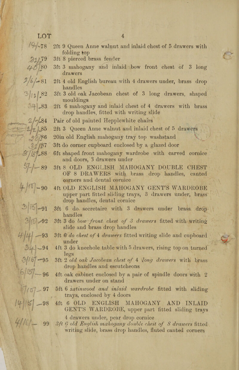  folding top drawers mouldings drop handles, fitted with writing slide 2ft 3 Queen Anne walnut and inlaid chest of 5 drawers 20in old English mahogany tray top washstand ie and doors, 3 drawers under corners and dental cornice drop handles, dental cornice handles slide and brass drop handles under legs 3ft 2 old oak Jacobean chest of 4 long drawers with teas drop handles and escutcheons 4ft oak cabinet enclosed by a pair of spindle doors’ Awith 2 drawers under on stand 5ft 6 satinwood and inlatd wardrobe fitted with sliding trays, enclosed by 4 doors GENT’S WARDROBKE, upper part fitted sliding trays 4 drawers under, pear drop cornice | oft 6 old Knglish mahogany double chest of § drawers fitted writing slide, brass drop handles, fluted canted corners