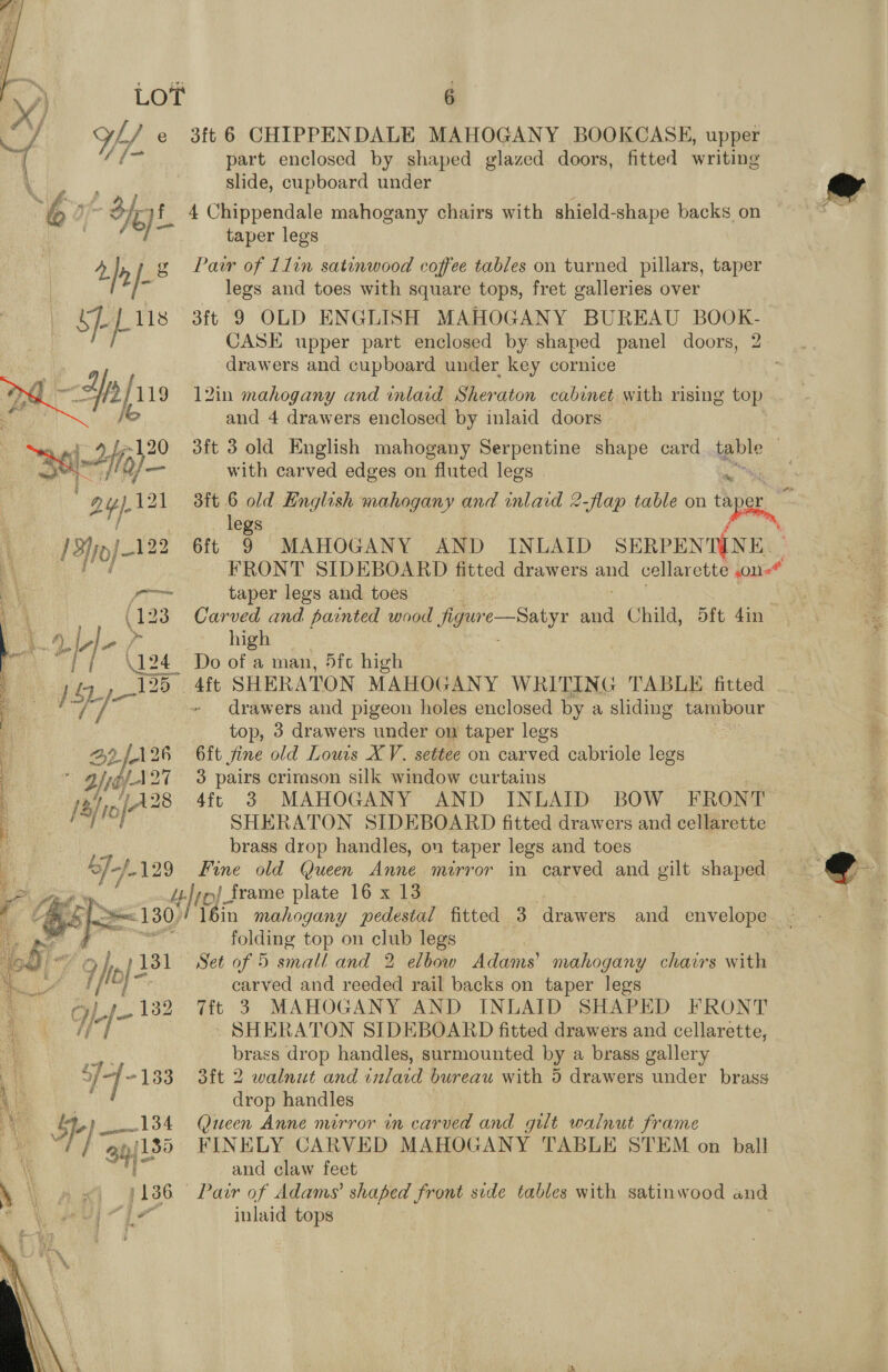 3ft 6 CHIPPENDALE MAHOGANY BOOKCASE, upper part enclosed by shaped glazed doors, fitted writing slide, cupboard under  fot Chippendale mahogany chairs with shield-shape backs on taper legs Pair of 11in satinwood coffee tables on turned pillars, taper legs and toes with square tops, fret galleries over 3ft 9 OLD ENGLISH MAHOGANY BUREAU BOOK- CASE upper part enclosed by shaped panel doors, 2. drawers and cupboard under key cornice  12in mahogany and inlaid Sheraton cabinet with rising top and 4 drawers enclosed by inlaid doors 3ft 3 old English mahogany Serpentine shape card table ) with carved edges on fluted legs aw, 3ft 6 old English mahogany and inlaid 2-flap table on pes legs 6ft 9 MAHOGANY AND INLAID SERPEN WNE FRONT SIDEBOARD fitted drawers ee cellarette ,on=* taper legs and toes Carved and painted wood figur e—Satyr ee Child, dft 4in high Do of a man, 5fc high 4ft SHERATON MAHOGANY WRITING TABLE fitted drawers and pigeon holes enclosed by a sliding tambour top, 3 drawers under on taper legs 6ft fine old Lours XV. settee on carved cabriole legs 3 pairs crimson silk window curtains 4fp 3 MAHOGANY AND INLAID BOW FRONT SHERATON SIDEBOARD fitted drawers and cellarette brass drop handles, on taper legs and toes Fine old Queen Anne mirror in carved and gilt shaped —— L.|¢pj frame plate 16 x 13 aR yee 130, 116in mahogany pedestal fitted 3 drawers and envelope a folding top on club legs Set of 5 pall and 2 elbow Adams’ mahogany chavrs with carved and reeded rail backs on taper legs Tit 3 MAHOGANY AND INLAID SHAPED FRONT » SHERATON SIDEBOARD fitted drawers and cellarette, a me brass drop handles, surmounted by a brass gallery ‘ i ay ee ~133 3ft 2 walnut and inlacd bureau with 5 drawers under brass VS i drop handles has Se} 134 Queen Anne mirror in carved and gilt walnut frame et {155 FINELY CARVED MAHOGANY TABLE STEM on ball K bi and claw feet \ \ » «) 3186 Pair of Adams’ shaped front side tables with satinwood and en et! all al inlaid tops   