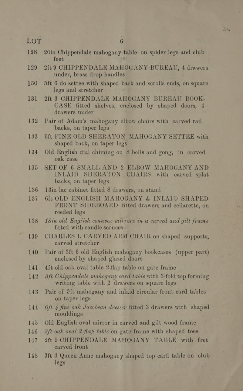 128 142 143 144 145 146 147 148 20in Chippendale mahogany table on spider legs and club feet : 2ft 9 CHIPPENDALE MAHOGANY BUREAU, 4 drawers under, brass drop handles . 5ft 6 do settee with shaped back and scrolls ends, on square legs and stretcher 2ft 3 CHIPPENDALE MAHOGANY BUREAU BOOK- CASE fitted shelves, enclosed by shaped doors, 4 drawers under Pair of Adam’s mahogany elbow chairs with carved rail backs, on taper legs 6ft FINE OLD SHERATON MAHOGANY SETTEE with shaped back, on taper legs Old English dial chiming on 8 bells and gong, in carved oak case SET OF 6 SMALL AND 2 ELBOW MAHOGANY AND INLAID SHERATON CHAIRS with carved splat backs, on taper legs 13in lac cabinet fitted 8 drawers, on stand 6ft OLD ENGLISH MAHOGANY &amp; INLAID SHAPED FRONT SIDEBOARD | fitted drawers and cellarette, on reeded legs 1Sin old English connvex mirrors in a carved and gilt frame fitted with candle sconces CHARLES I. CARVED ARM CHAIR on shaped supports, carved stretcher Pair of 3ft 6 old Engiish mahogany bookcases (upper part) enclosed by shaped glazed doors 4ft old oak oval table 2-flap table on gate frame 3ft Chippendale mahogany card table with 3-fold top forming writing table with 2 drawers on square legs Pair of 2ft mahogany and inlaid circular front card tables on taper legs Gft 4 fine oak Jacobean dresser fitted 3 drawers with shaped mouldings . Old English oval mirror in carved and gilt wood frame 2ft oak oval 2-flah table on gate frame with shaped toes 2ft 9 CHIPPENDALE MAHOGANY TABLE with fret carved front 3ft 3 Queen Anne mahogany shaped top card table on club legs