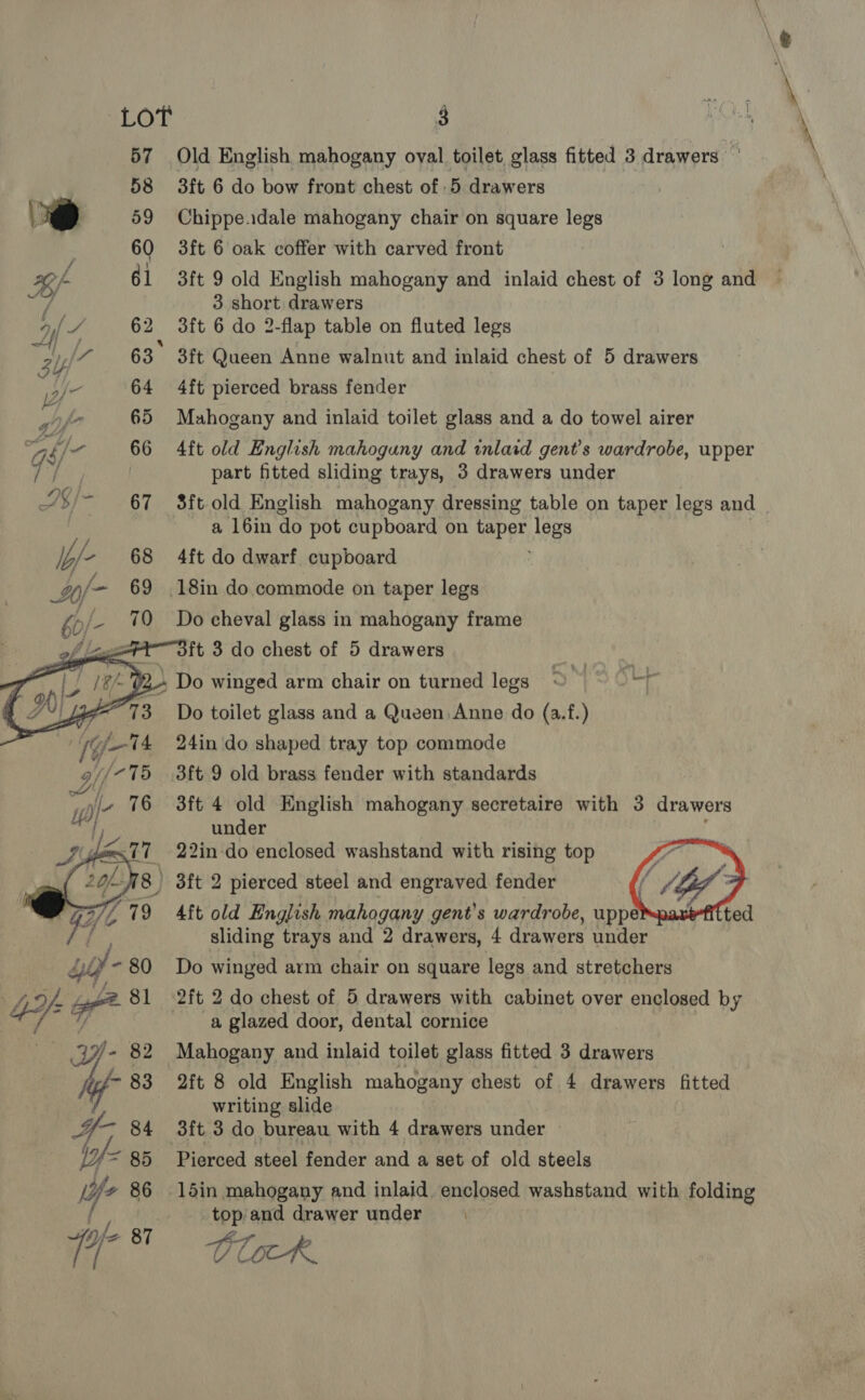 57 Old English mahogany oval toilet glass fitted 3 drawers — 58 3ft 6 do bow front chest of 5 drawers | - ) 59 Chippe.dale mahogany chair on square legs 60 3ft 6 oak coffer with carved front apf él 3ft 9 old English mahogany and inlaid chest of 3 long and . 3 short drawers 62 3ft 6 do 2-flap table on fluted legs 3y YY 63° 3ft Queen Anne walnut and inlaid chest of 5 drawers Me 64 4ft pierced brass fender Zi 65 Mahogany and inlaid toilet glass and a do towel airer Oy bet 66 4ft old English mahoguny and inlaid gent’s wardrobe, upper ae part fitted sliding trays, 3 drawers under a, ie 67 3ftold English mahogany dressing table on taper legs and a 16in do pot cupboard on taper, legs Uy 68 4ft do dwarf cupboard wl 69 .18in do commode on taper legs _- 70 Do cheval glass in mahogany frame #t— sft 3 do chest of 5 drawers | . Do winged arm chair on turned legs - yoos ”  Do toilet glass and a Queen. Anne do (a.f.) 24in do shaped tray top commode 3ft 9 old brass fender with standards 3ft 4 old English mahogany secretaire with 3 drawers under _ 22in-do enclosed washstand with rising top  ») Bft 2 pierced steel and engraved fender 4ft old English mahogany gent’s wardrobe, uppé vaxefitted sliding trays and 2 drawers, 4 drawers under Liy-80 Do winged arm chair on square legs and stretchers w/ Y- opt 81 2ft 2 do chest of 5 drawers with cabinet over enclosed by /; a glazed door, dental cornice — Y- 82 Mahogany and inlaid toilet glass fitted 3 drawers - 83 2ft 8 old English mahogany chest of 4 drawers fitted writing slide ae 84 3ft 3 do bureau with 4 drawers under » [Y= 85 Pierced steel fender and a set of old steels [if 86 1d5in mahogany and inlaid enclosed washstand with folding f vs and drawer under Y vhs CO CO COCK.