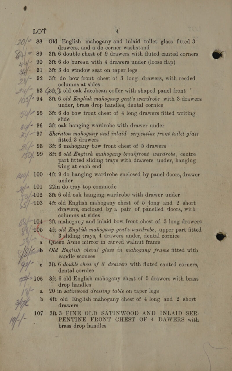 ‘4 drawers, and a do corner washstand 3ft 6 double chest of 9 drawers with fluted canted corners 3ft 6 do bureau with 4 drawers under (loose flap) 3ft 3 do window seat on taper legs 3ft do bow front chest of 3 long drawers, with reeded columns at sides “Je 94 3ft 6 old English mahogany gent’s wardrobe with 3 drawers under, brass drop handles, dental cornice 3ft 6 do bow front chest of 4 long drawers fitted writing slide 3ft oak hanging wardrobe with drawer under fitted 3 drawers 3ft 6 mahogany bow front chest of 5 drawers 8ft 6 old English mahogany breakfront wardrobe, centre part fitted sliding trays with drawers under, hanging wing at each end 4ft 9 do hanging wardrobe enclosed by panel doors, drawer under 22in do tray top commode 3ft 6 old oak hanging wardrobe with drawer under 4ft old English mahogany chest of 5 long and 2 short drawers, enclosed by a pair of panelled doors, with columns at sides 3ft mahozany and inlaid bow front chest of 3 long drawers 4ft old English mahogany gent’s wardrobe, upper part fitted 3sliding trays, 4 drawers under, dental cornice Queen Anne mirror in carved walnut frame Old English cheval glass in mahogany frame fitted with candle sconces 3ft 6 double chest of 8 drawers with fluted canted corners, dental cornice 3ft 6 old English mahogany chest of 5 drawers with brass - drop handles 20 in satinwood dressing table on taper legs 4ft old English mahogany chest of 4 long and 2 short drawers , 3ft 3 FINE OLD SATINWOOD AND INLAID SER- PENTINE FRONT CHEST OF 4 DAWERS with brass drop handles  