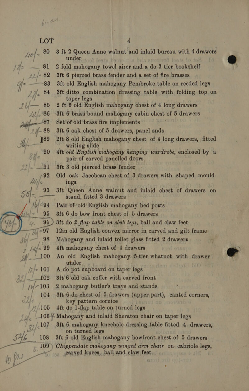 jo] 80 We tts) ik /s 82 Ge —— 83 f yi, of 84 ey 9 L [mmm 85 x Lt} ,86 sof tL et I; of. 88 93 Wh “94 95   —Z 97 e a 98 buf 99 wy 100 /pje 101 af 102 /9f7103 sot Qs 7/105 4 3 ft 2 Queen Anne walnut and inlaid bureau with 4 drawers under, 2 fold mahogany towel airer and a do 3 tier bookshelf 3ft 6 pierced brass fender and a set of fire brasses 3ft old English mahogany Pembroke table on reeded legs 3ft ditto combination dressing table with folding top on taper legs 2 ft 6 old English mahogany chest of 4 long drawers 3ft 6 brass bound mahogany cabin chest of 5 drawers Set of old brass fire implements ; 3ft. 6 oak chest of 5 drawers, panel snds 2ft 8 old English mahogany chest of 4 long drawers, fitted ' writing slide 4ft old English mahogany hanging wardrobe, enclosed by a pair of carved panelled doors 3ft 3 old pierced brass fender Old oak Jacobean chest of 3 drawers with shaped mould- ings 3ft Queen Anne walnut and inlaid chest of drawers on stand, fitted 3 drawers Pair of old English mahogany bed posts 3ft 6 do bow front chest of 5 drawers 3ft do 2-flap table on club legs, ball and claw feet 12in old English convex mirror in carved and gilt frame Mahogany and inlaid toilet glass fitted 2 drawers 4ft mahogany chest of 4 drawers An old English mahogany. 5-tier whatnot with drawer uhder A do pot cupboard on taper legs 3ft 6 old oak coffer with carved front 2 mahogany butler’s trays and stands 3ft 6.do chest of 5 drawers (upper part), canted corners, key pattern cornice 4ft do 1-flap table on turned legs on turned legs \ Chippendale mahogany winged arm chair on. cabriole legs, carved knees, ball and claw feet, 